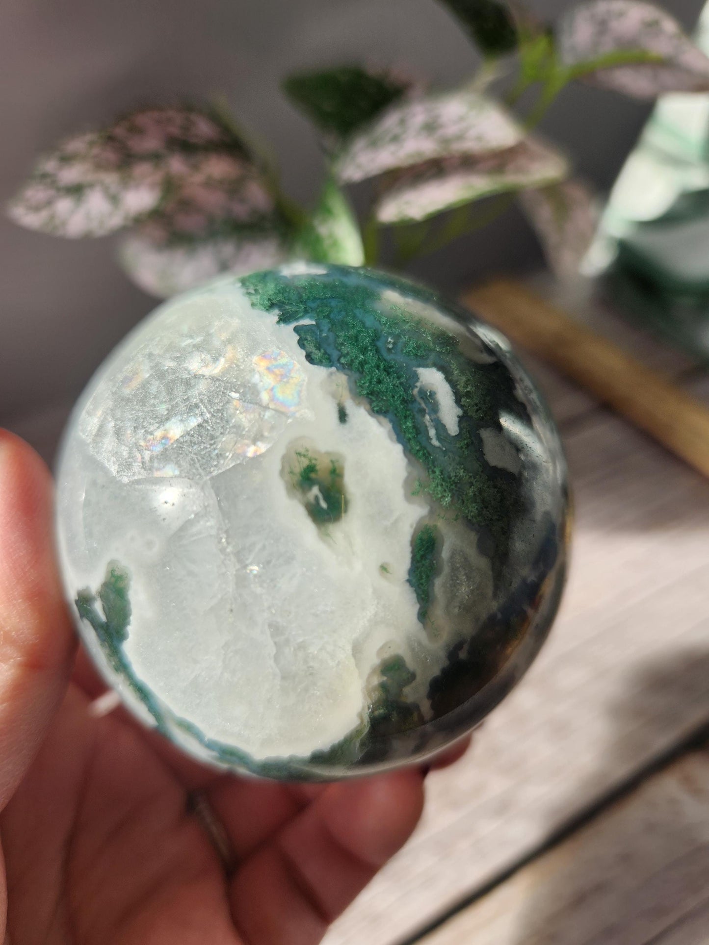 Rare natural moss agate sphere with calcite and beautiful rainbows on the calcite, 66.8mm C2