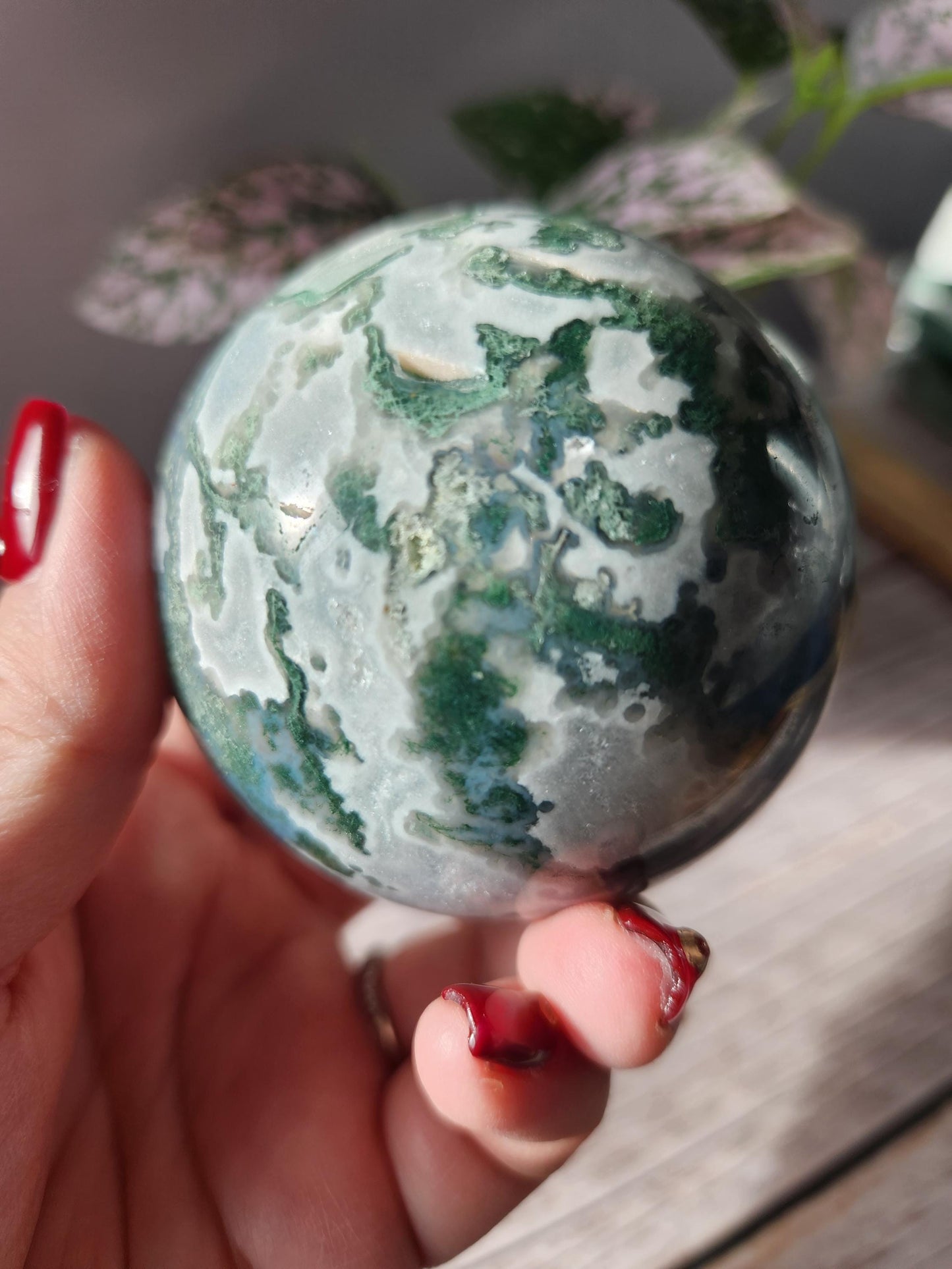 Rare natural moss agate sphere with calcite and beautiful rainbows on the calcite, 66.8mm C2