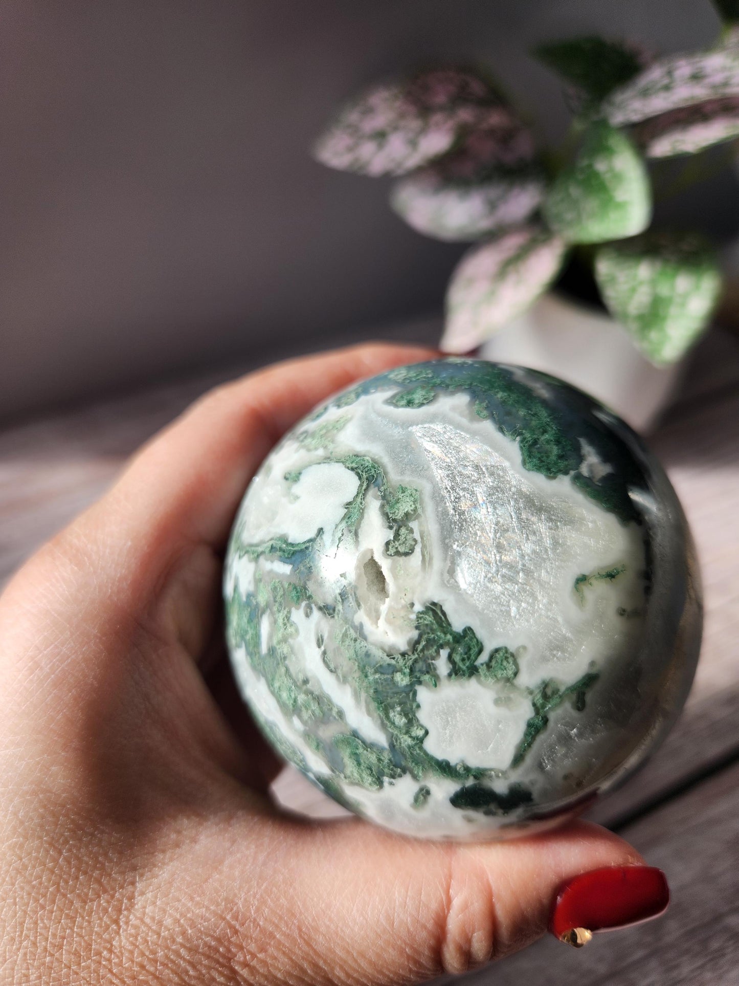 Rare natural moss agate sphere with calcite and beautiful rainbows on the calcite, 66.8mm C2