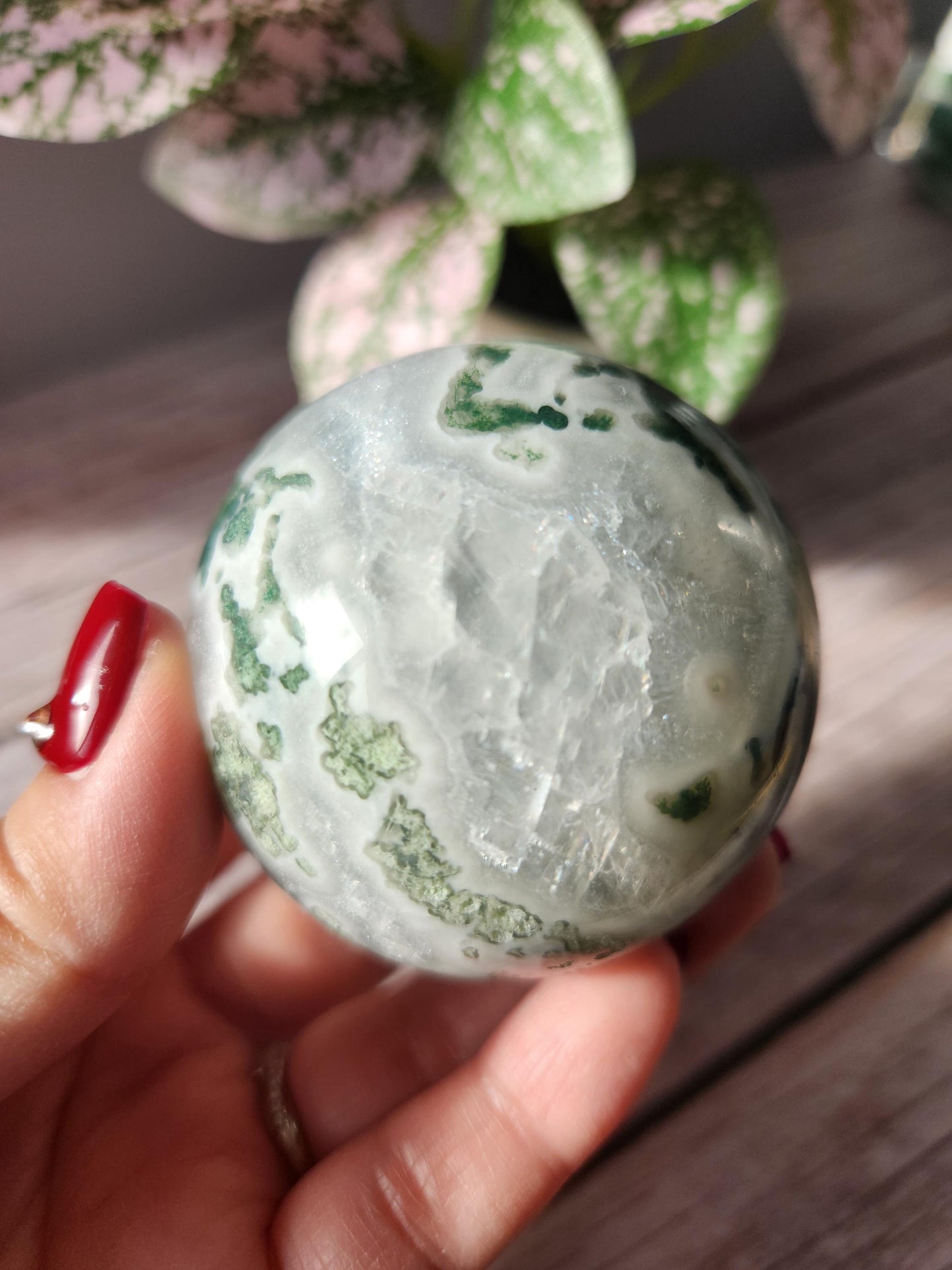 Rare natural moss agate sphere with calcite and beautiful rainbows, 57.7mm C3