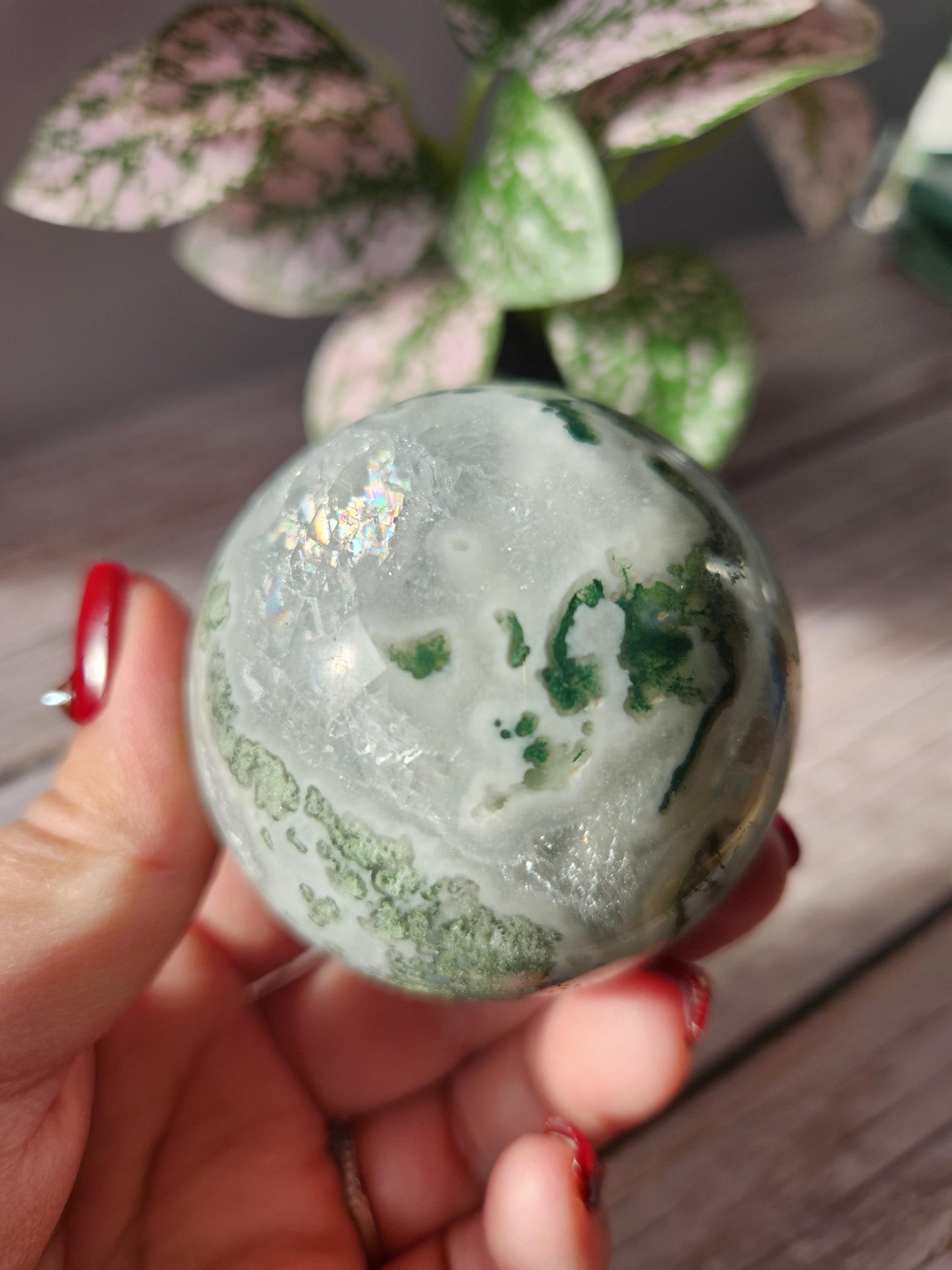 Rare natural moss agate sphere with calcite and beautiful rainbows, 57.7mm C3