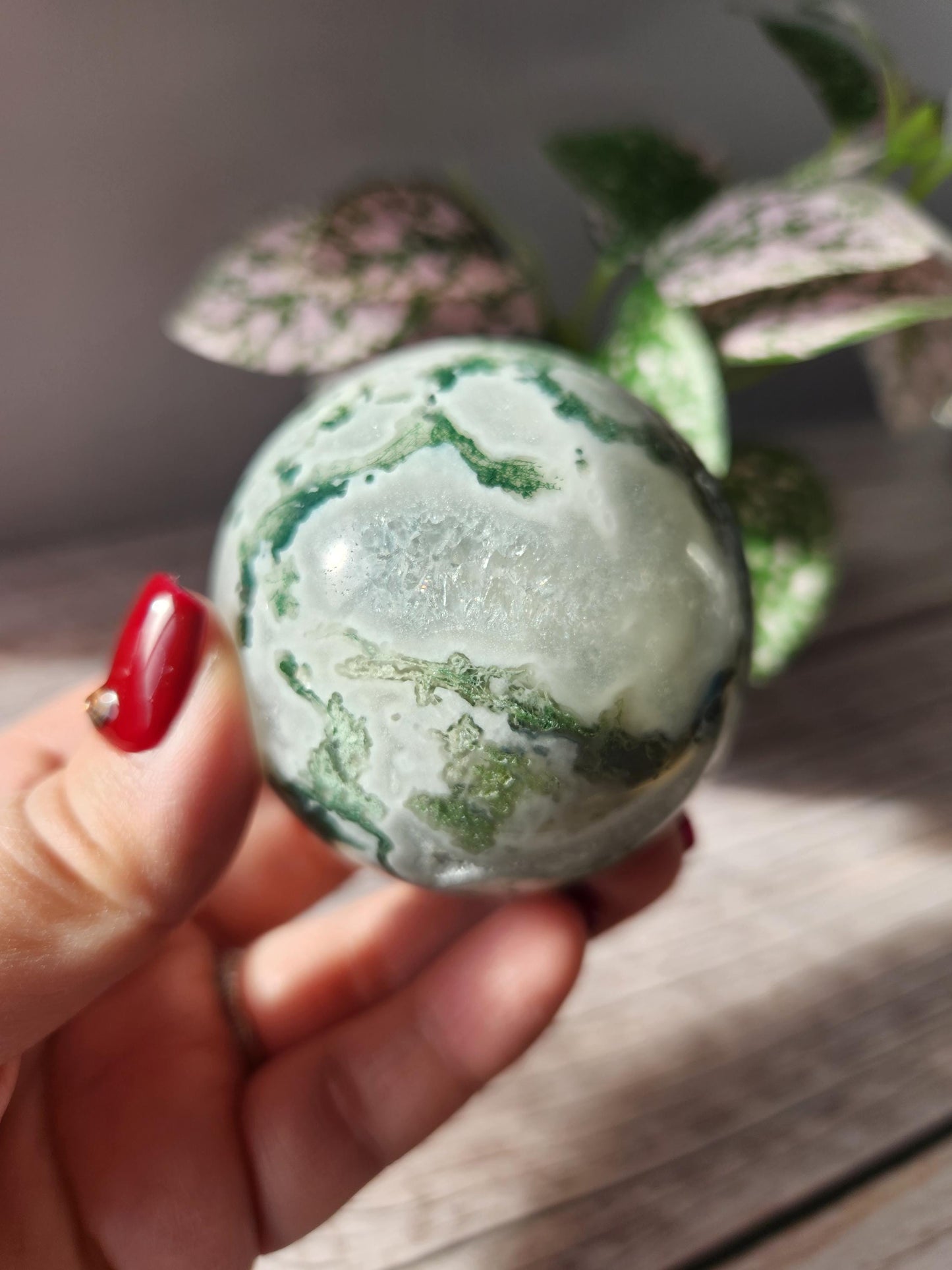Rare natural moss agate sphere with calcite and beautiful rainbows, 57.7mm C3