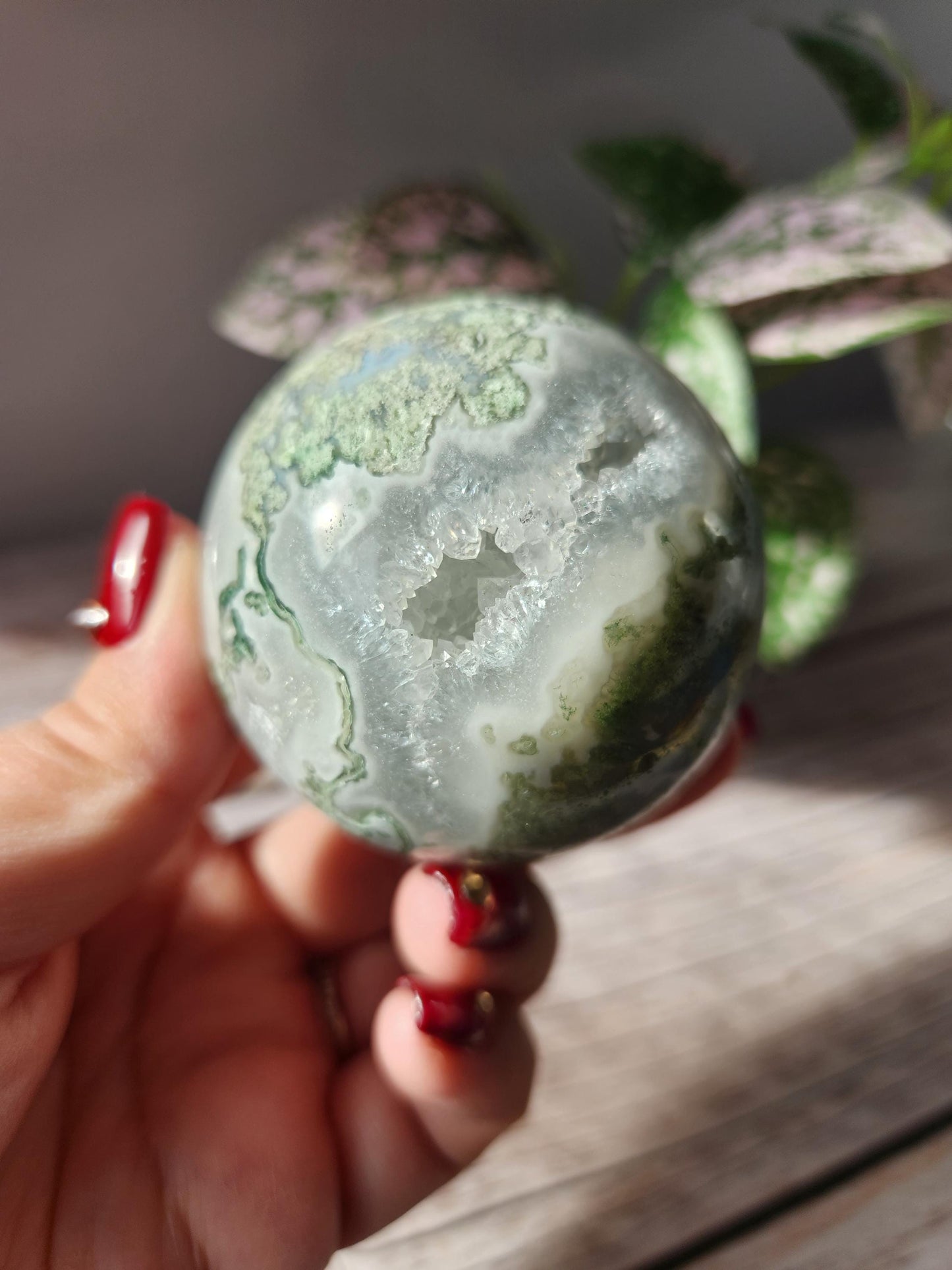 Rare natural moss agate sphere with calcite and beautiful rainbows, 57.7mm C3