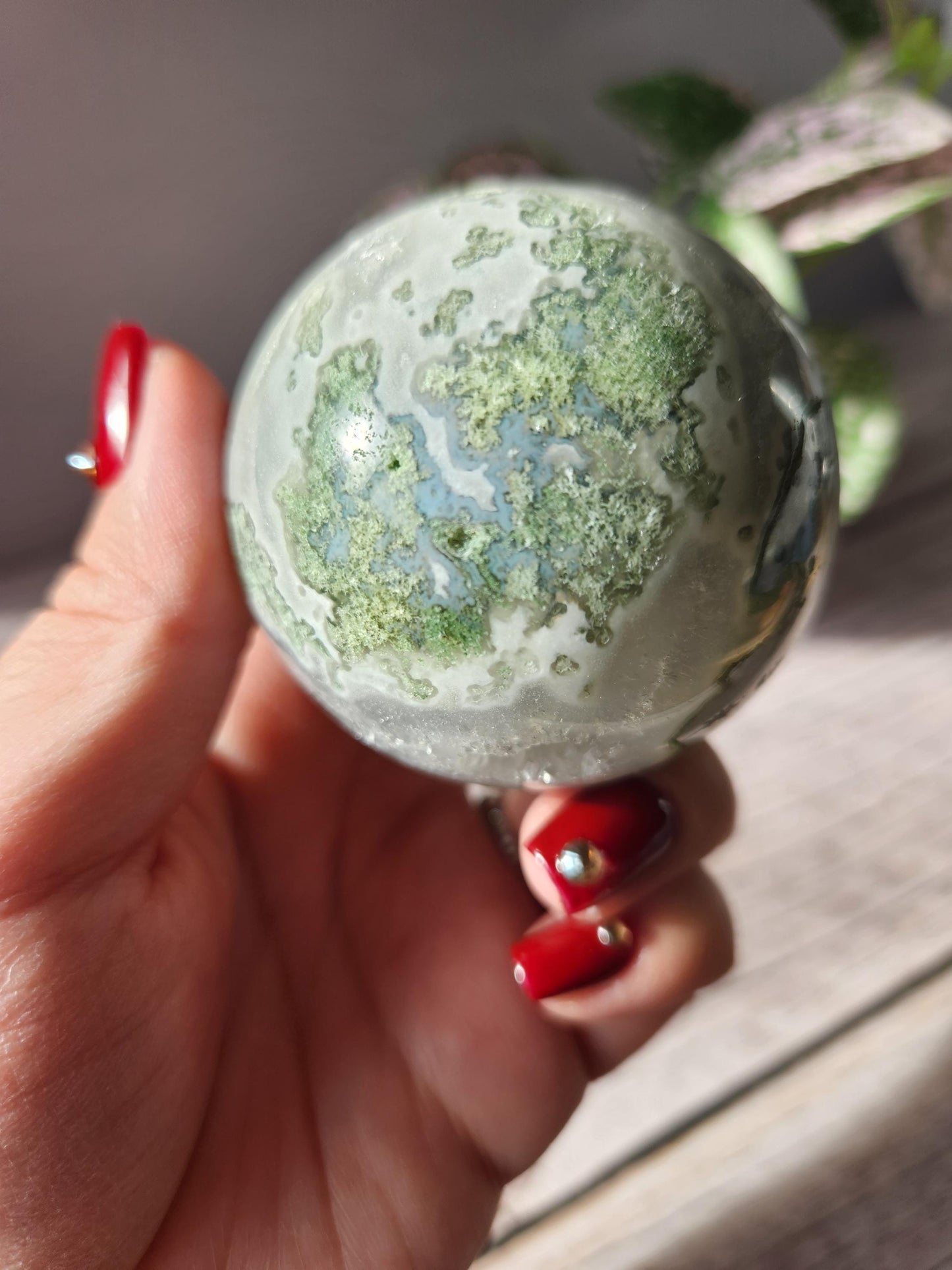 Rare natural moss agate sphere with calcite and beautiful rainbows, 57.7mm C3