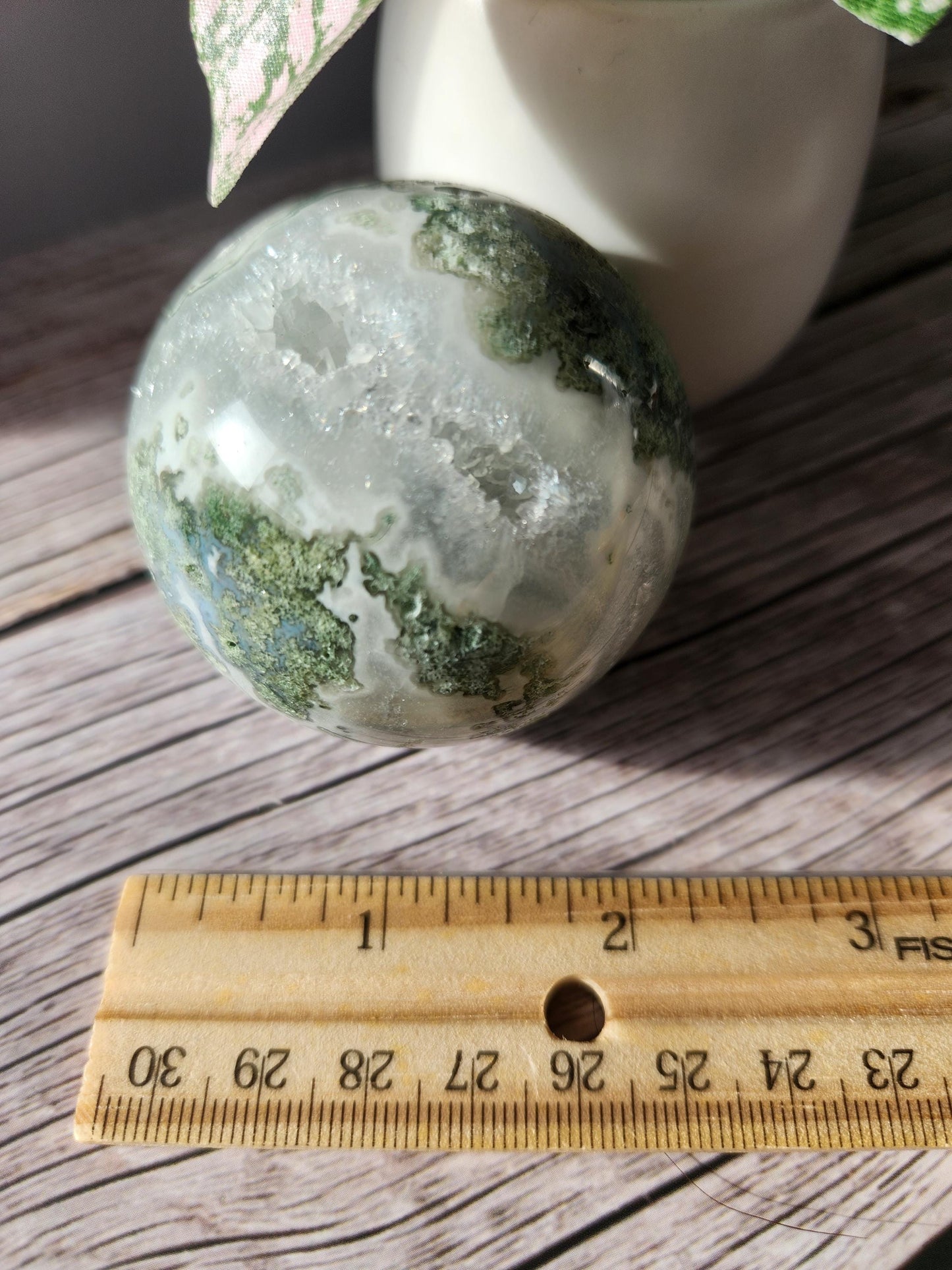 Rare natural moss agate sphere with calcite and beautiful rainbows, 57.7mm C3