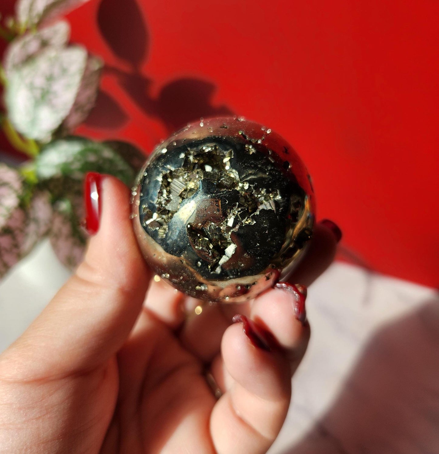 High quality druzy pyrite sphere from Peru, druzy with cubic formations