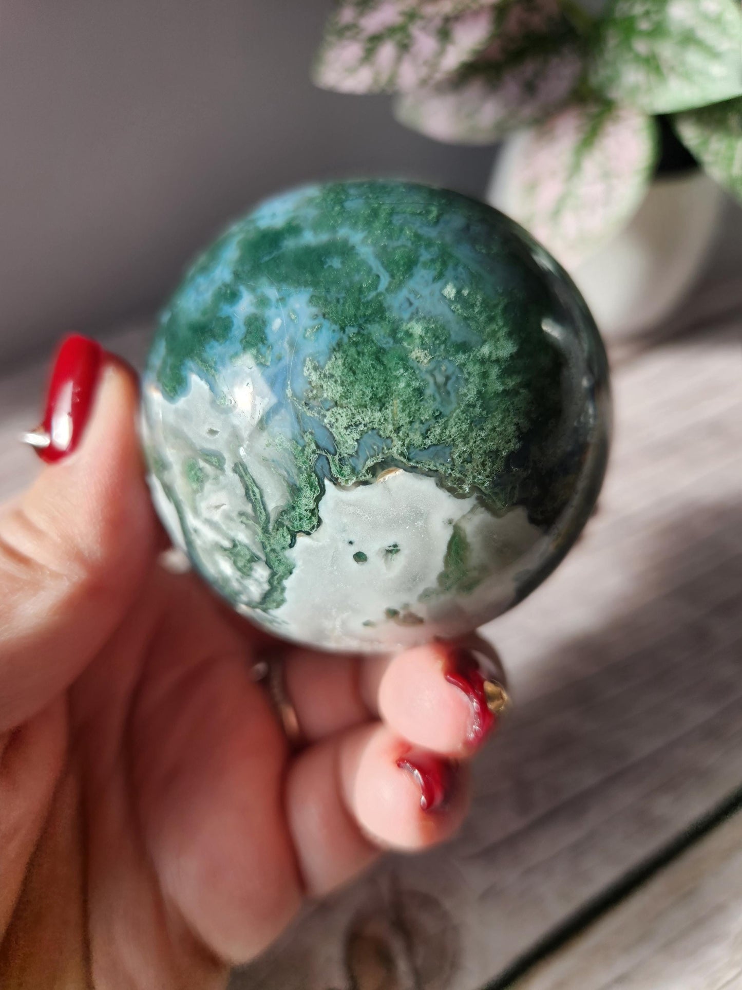 Amazing moss agate sphere with druzy quartz and blue lace / chalcedony, natural 60.8mm M2