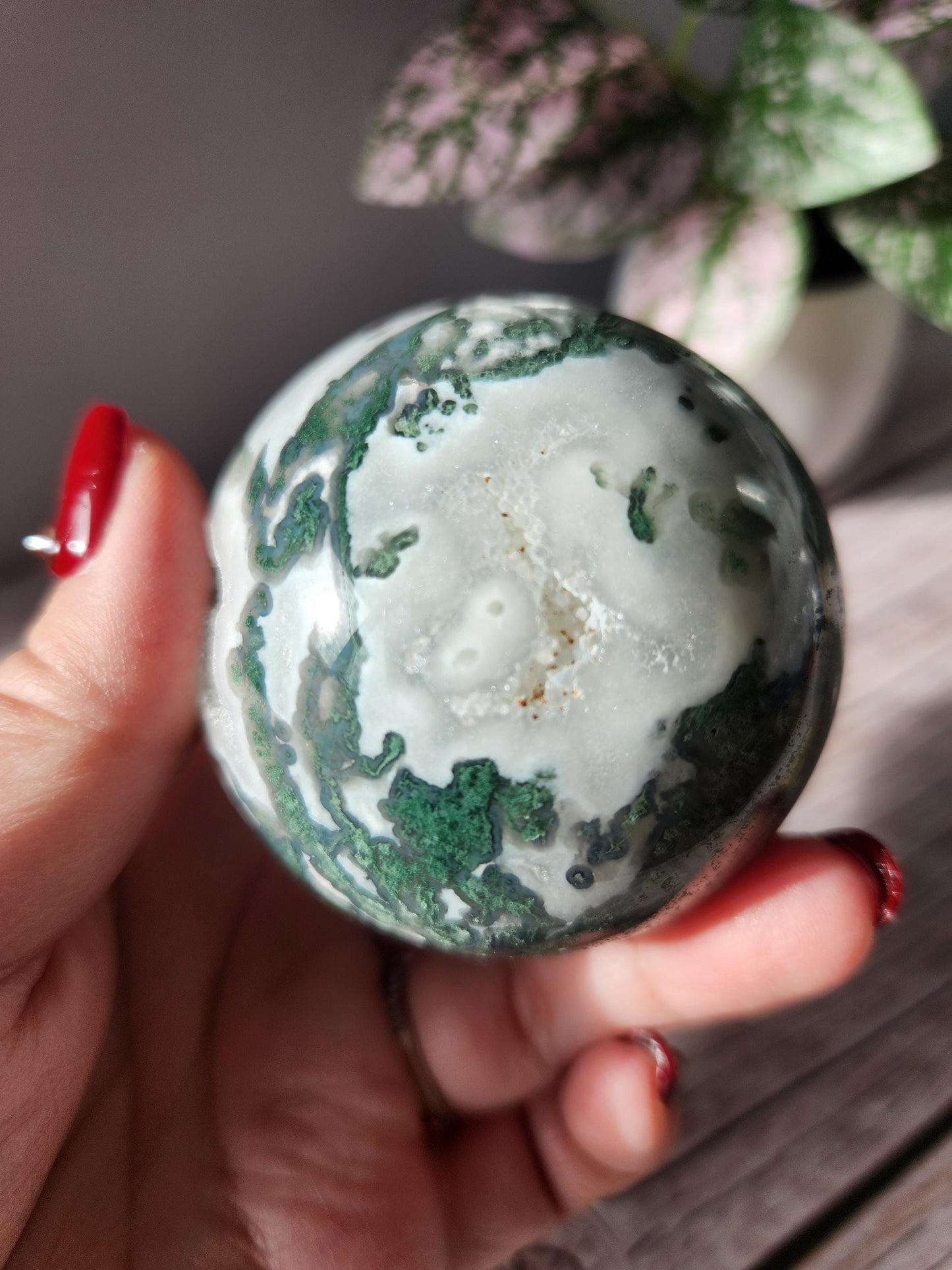 Amazing moss agate sphere with druzy quartz and blue lace / chalcedony, natural 60.8mm M2
