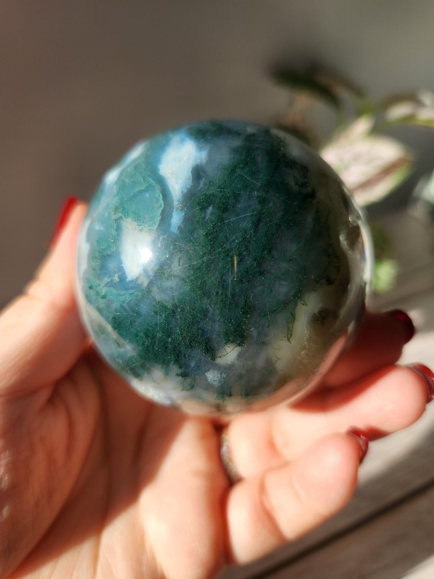 Beautiful moss agate sphere with sparkly quartz, natural 65.3mm M3