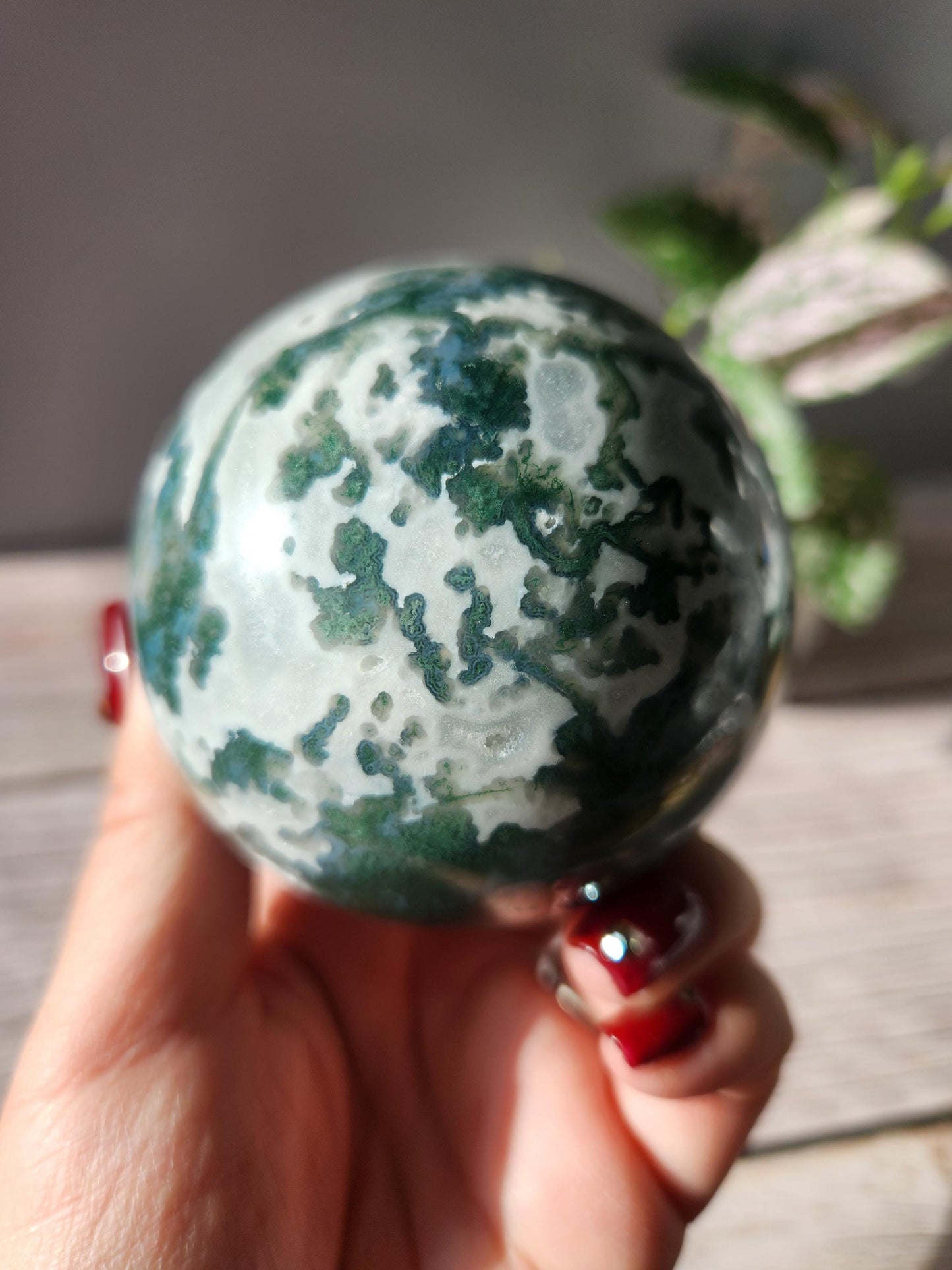 Rare moss agate sphere with sparkly quartz and blue lace/chalcedony, natural 70.5mm M4