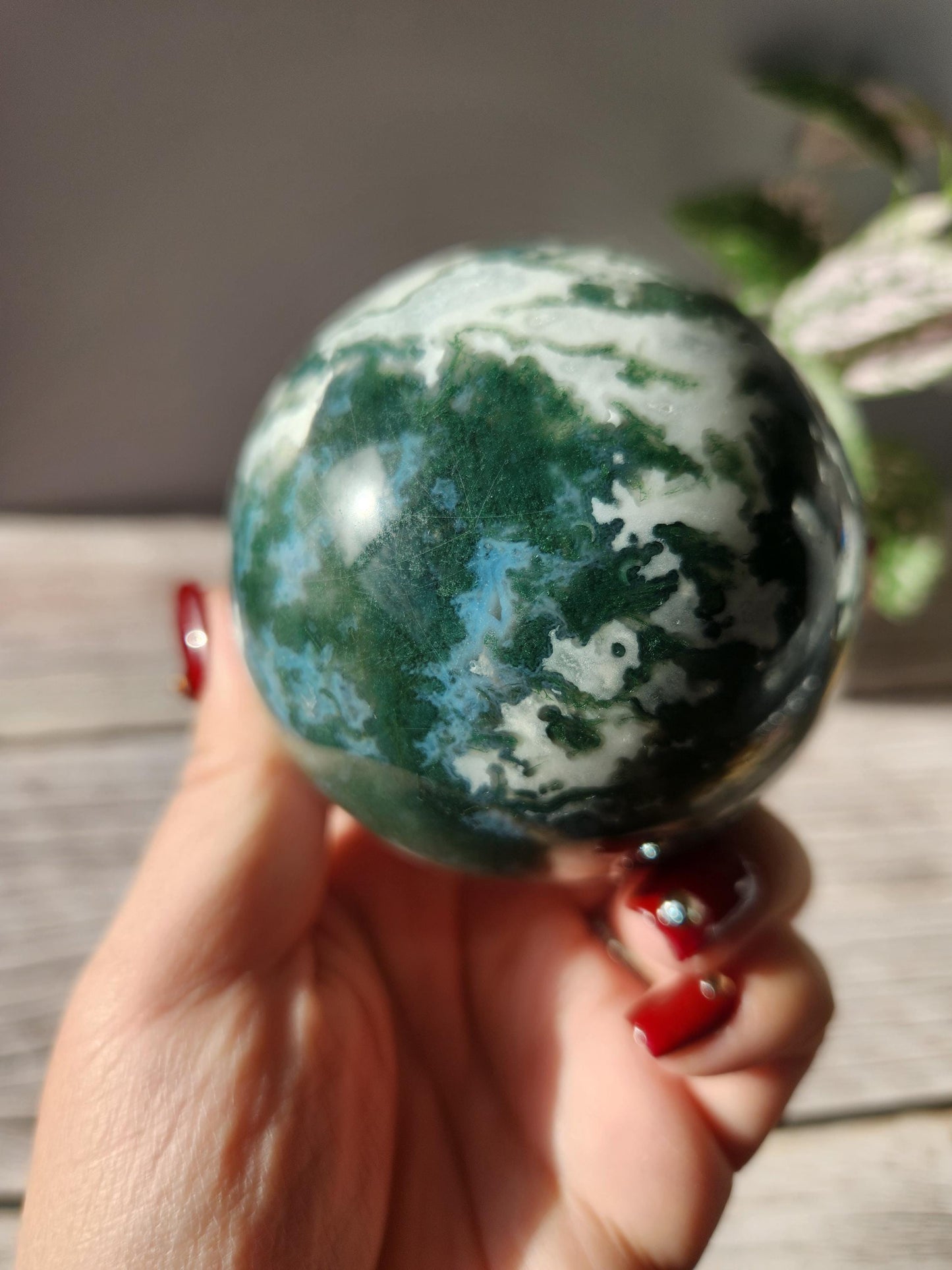 Rare moss agate sphere with sparkly quartz and blue lace/chalcedony, natural 70.5mm M4