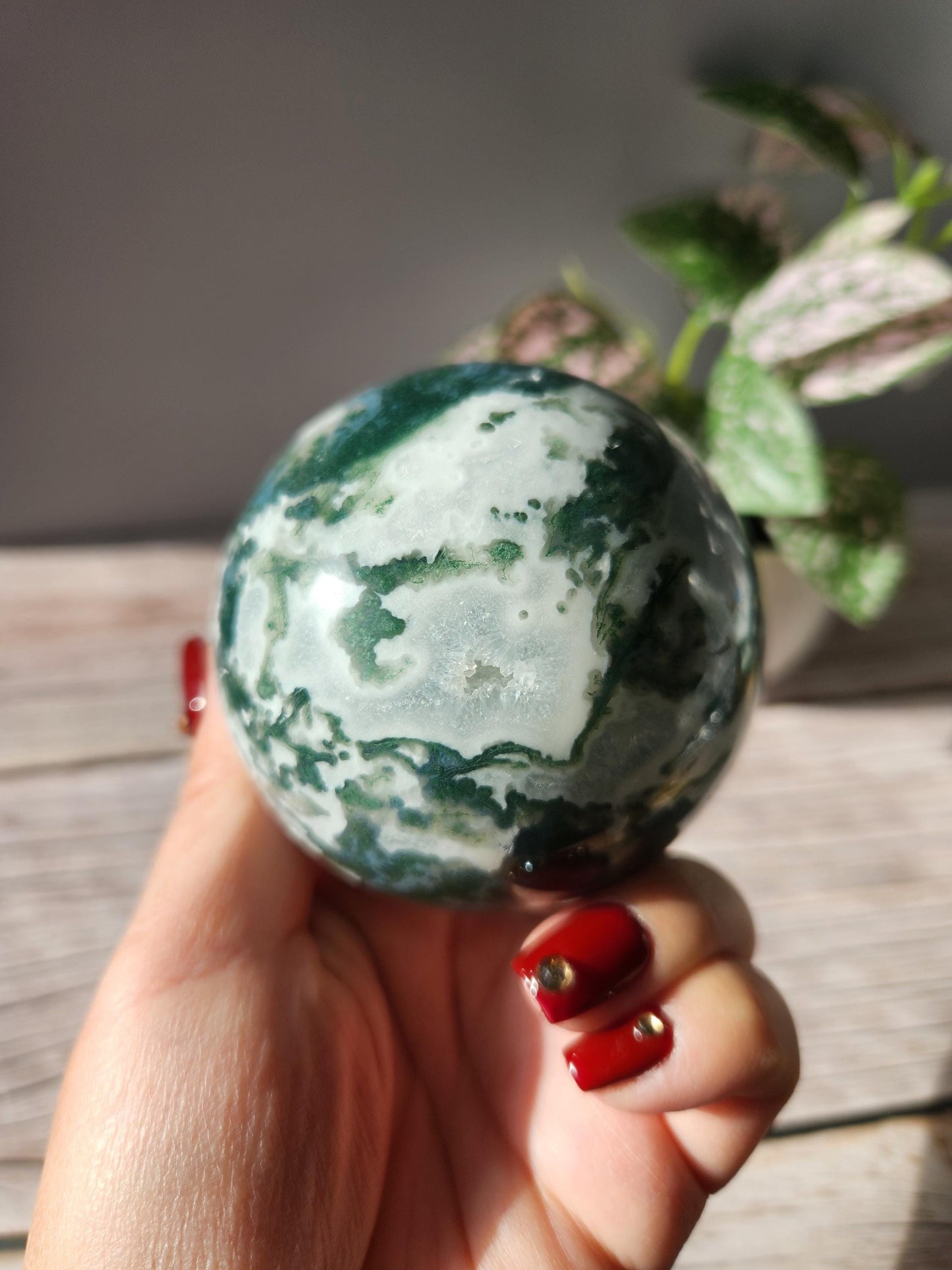Rare moss agate sphere with sparkly quartz and blue lace/chalcedony, natural 70.5mm M4