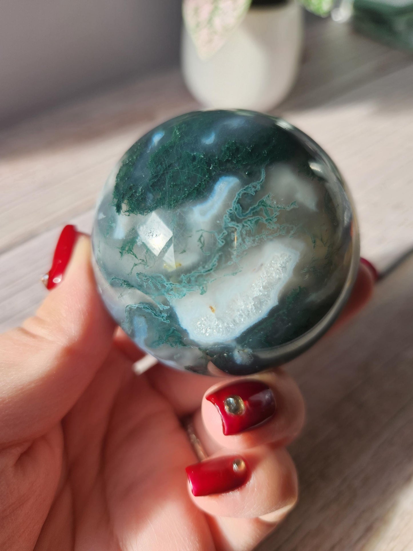 Beautiful dark moss agate sphere with sparkly quartz druzy and blue lace, natural 58mm m5