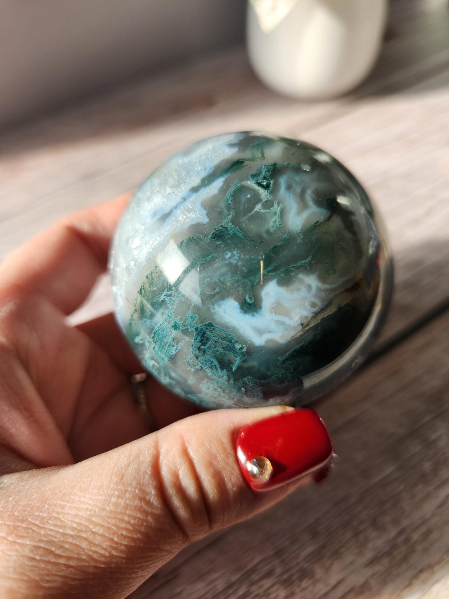 Beautiful dark moss agate sphere with sparkly quartz druzy and blue lace, natural 58mm m5
