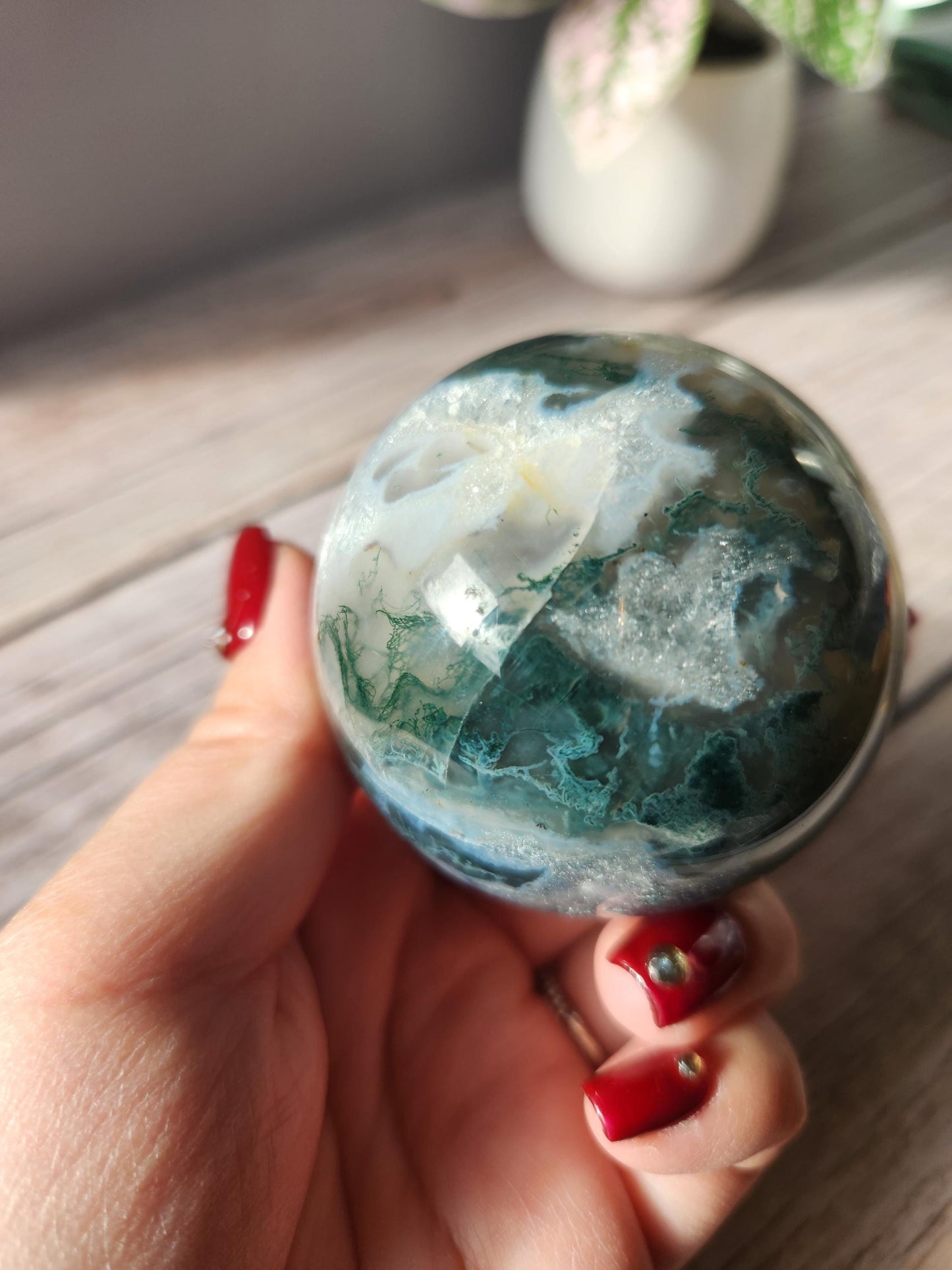 Beautiful dark moss agate sphere with sparkly quartz druzy and blue lace, natural 58mm m5