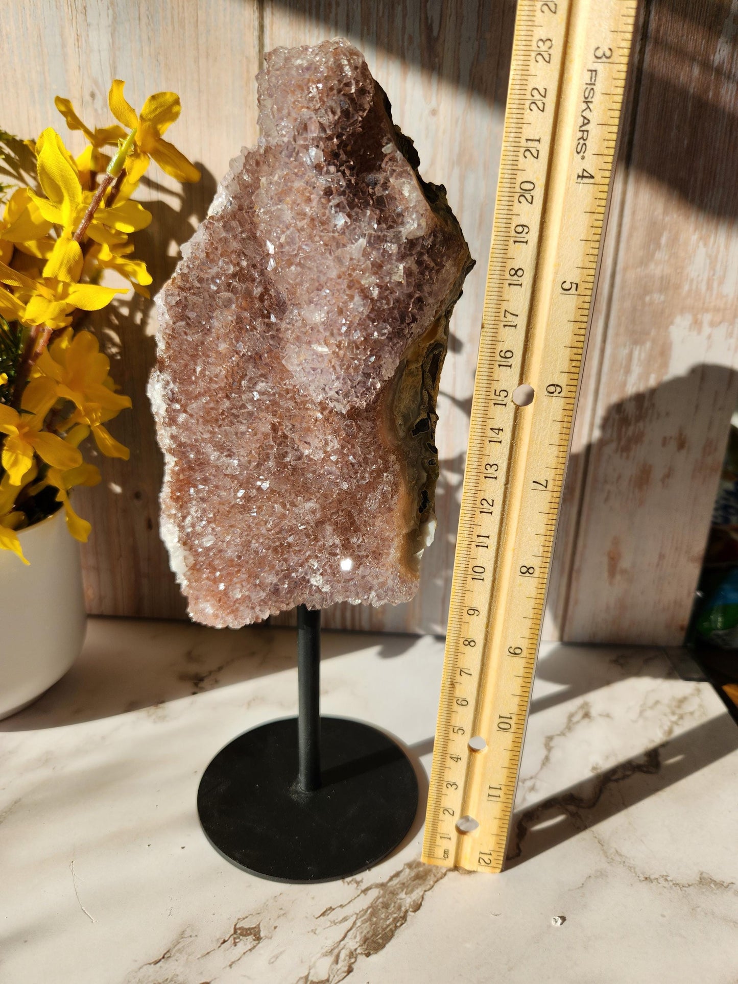 Large dusty pink rainbow amethyst on stand, natural unpolished rainbow amethyst with lustrous and sparkly points