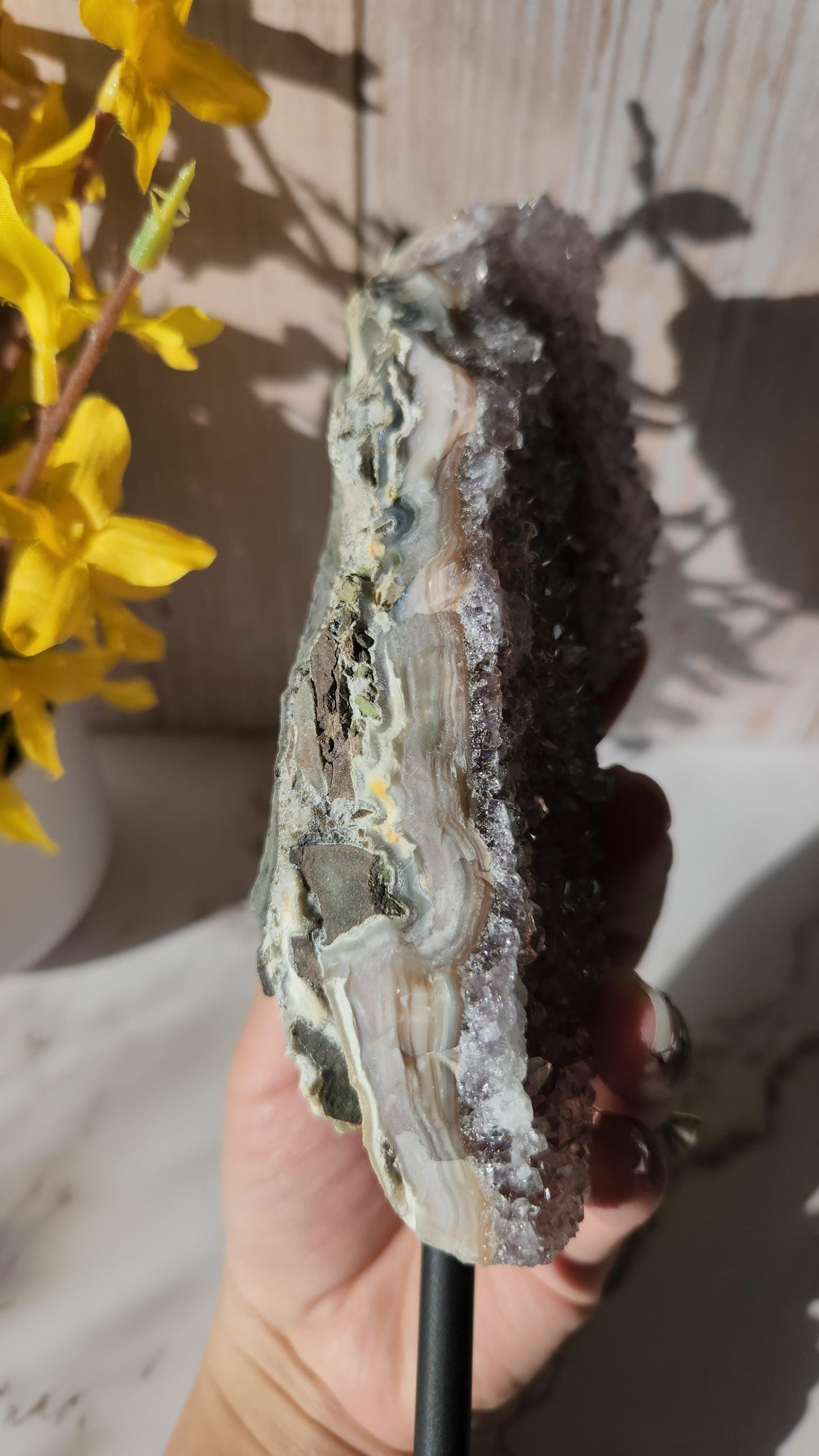 Large dusty pink rainbow amethyst on stand, natural unpolished rainbow amethyst with lustrous and sparkly points