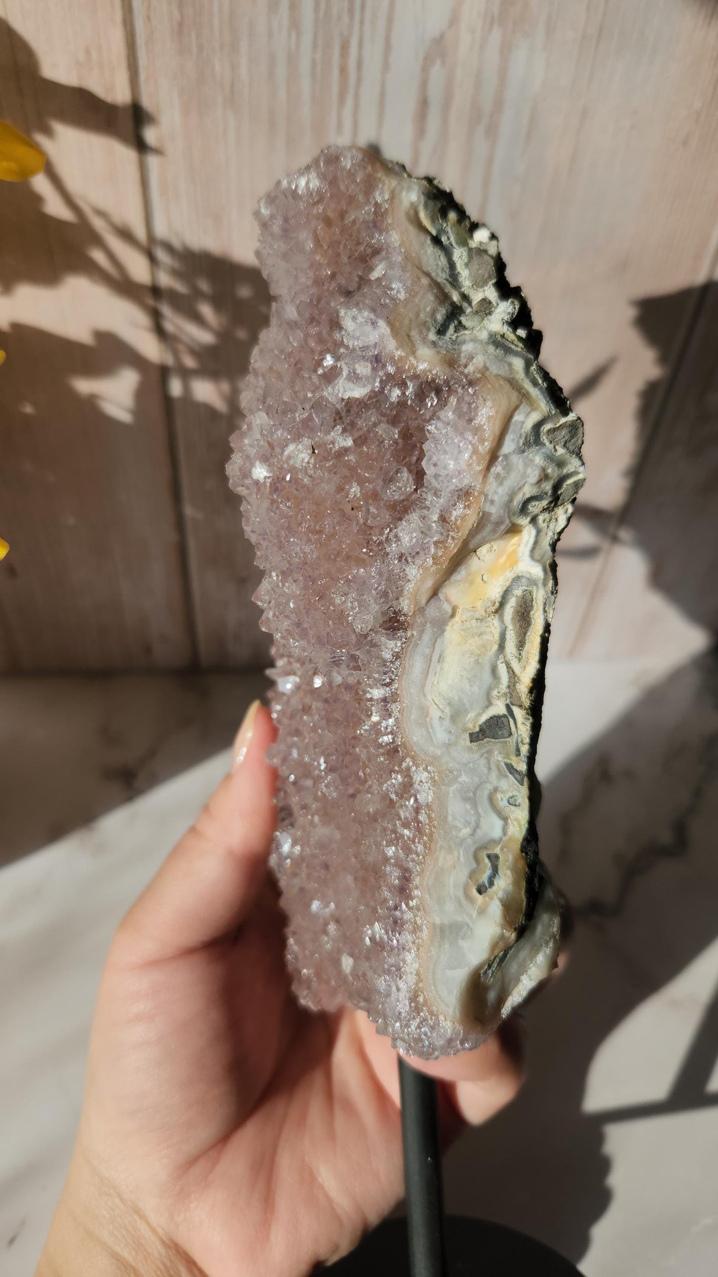 Large dusty pink rainbow amethyst on stand, natural unpolished rainbow amethyst with lustrous and sparkly points