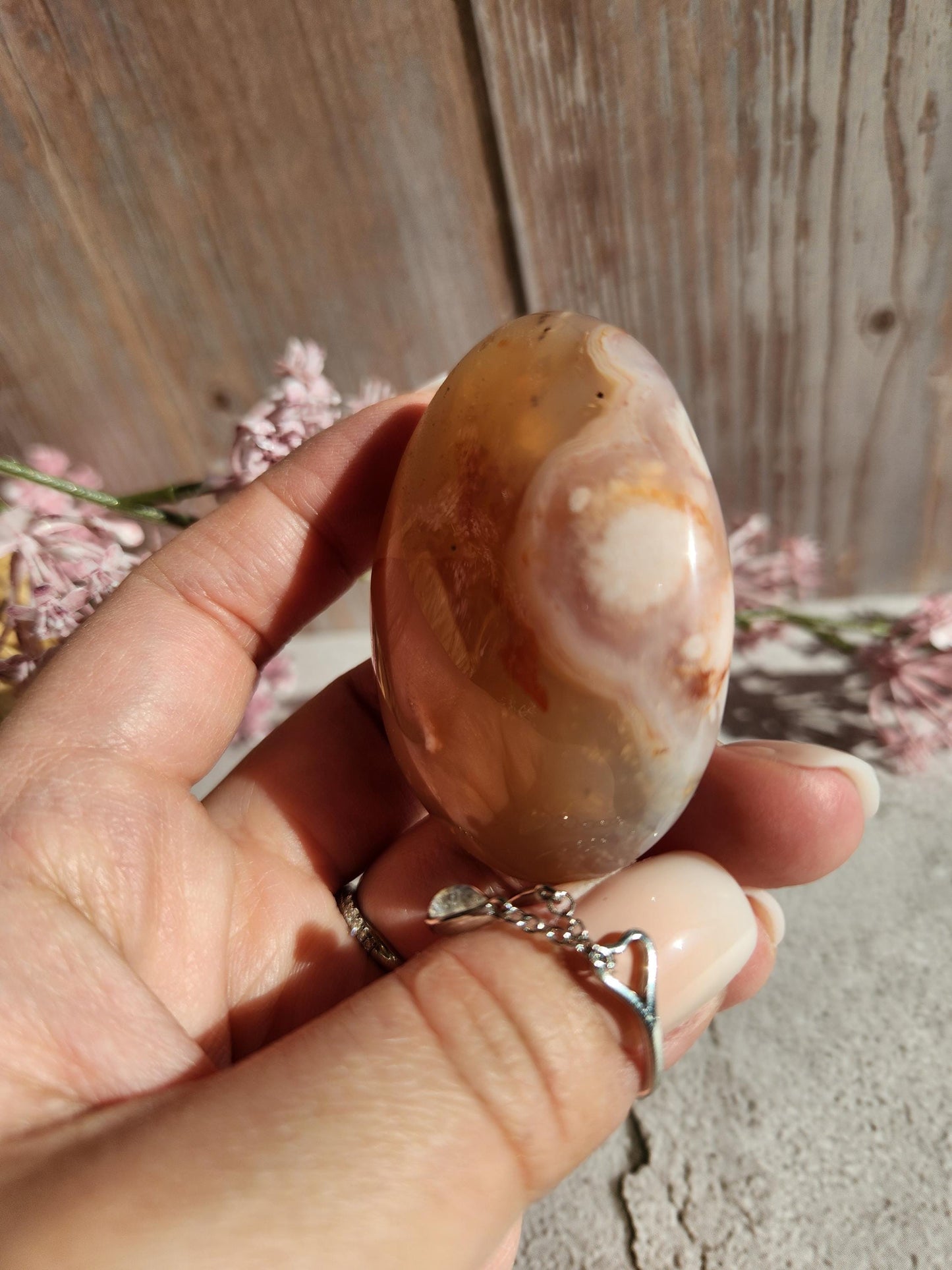 Amazing natural rare carnelian flower agate palm stone with pink flowers from Madagascar, cherry blossoms, translucent