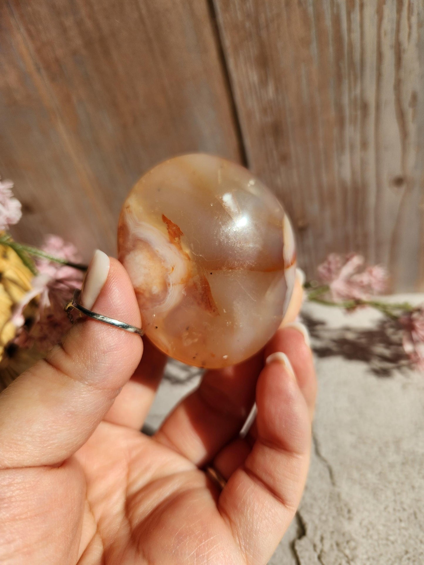 Amazing natural rare carnelian flower agate palm stone with pink flowers from Madagascar, cherry blossoms, translucent