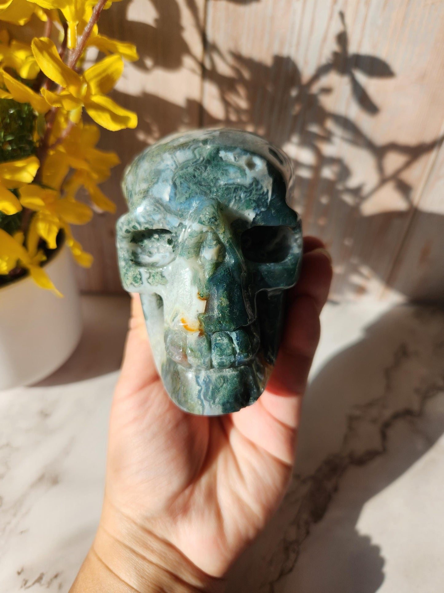 Stunning large moss agate skull carving with druzy, hand carved, high quality