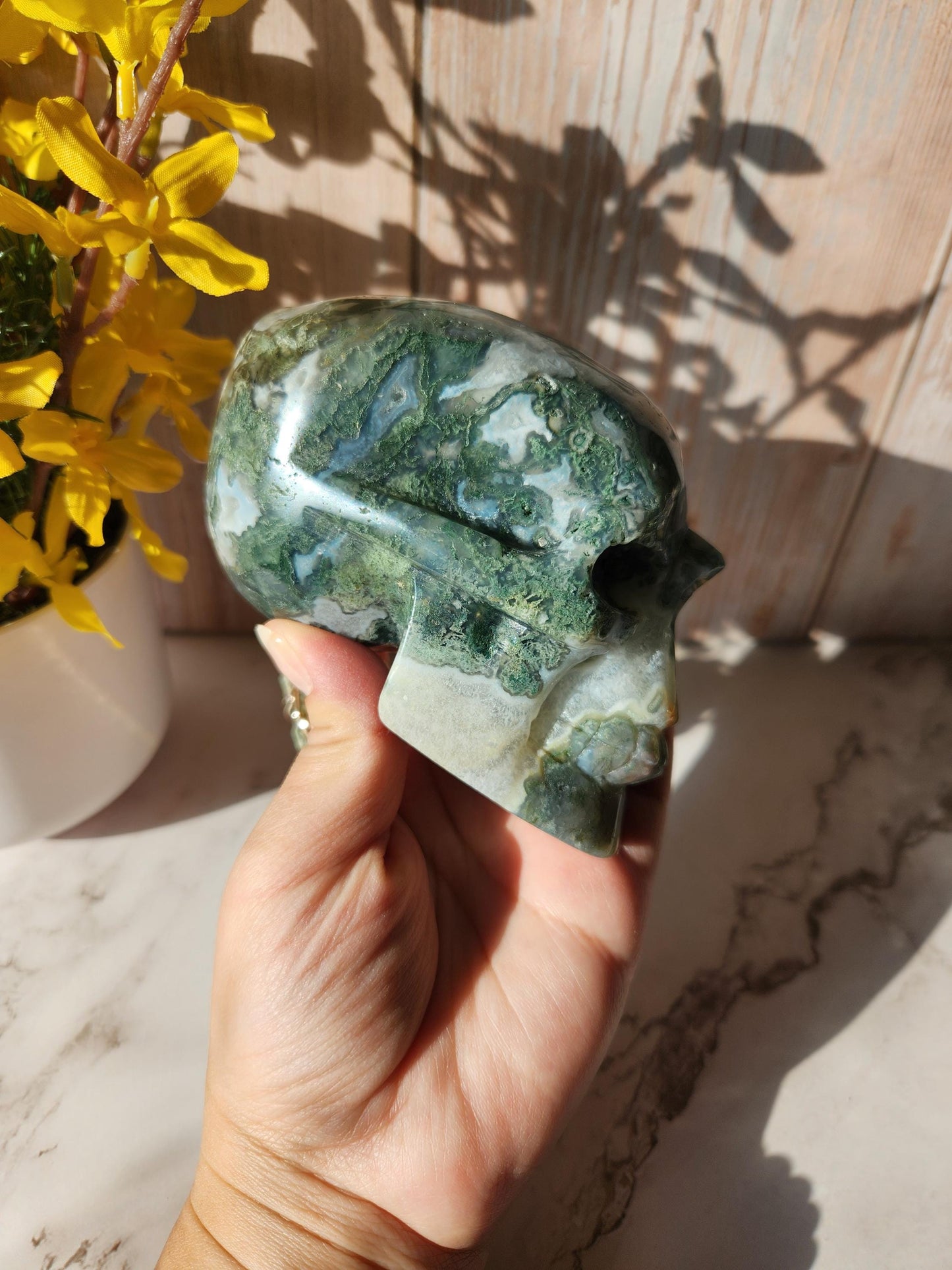 Stunning large moss agate skull carving with druzy, hand carved, high quality