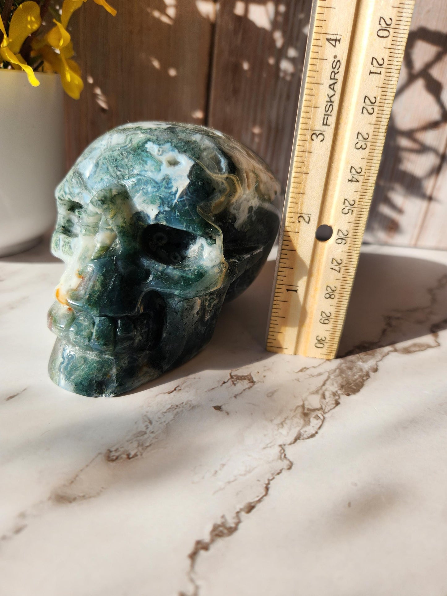Stunning large moss agate skull with druzy