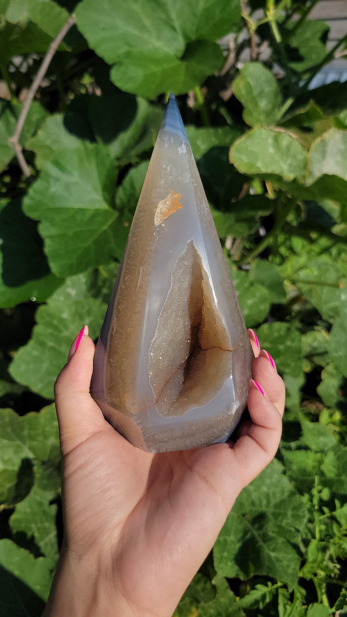Stunning XL blue agate diamond with quartz, agate banding, sparkly druzy, from Brazil