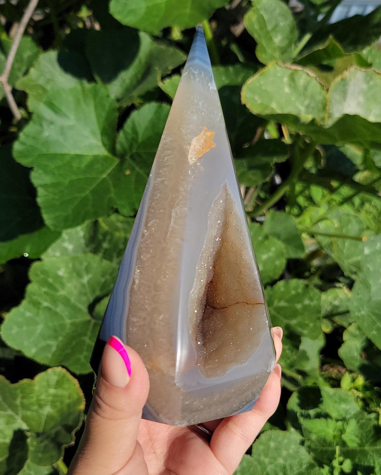 Stunning XL blue agate diamond with quartz, agate banding, sparkly druzy, from Brazil