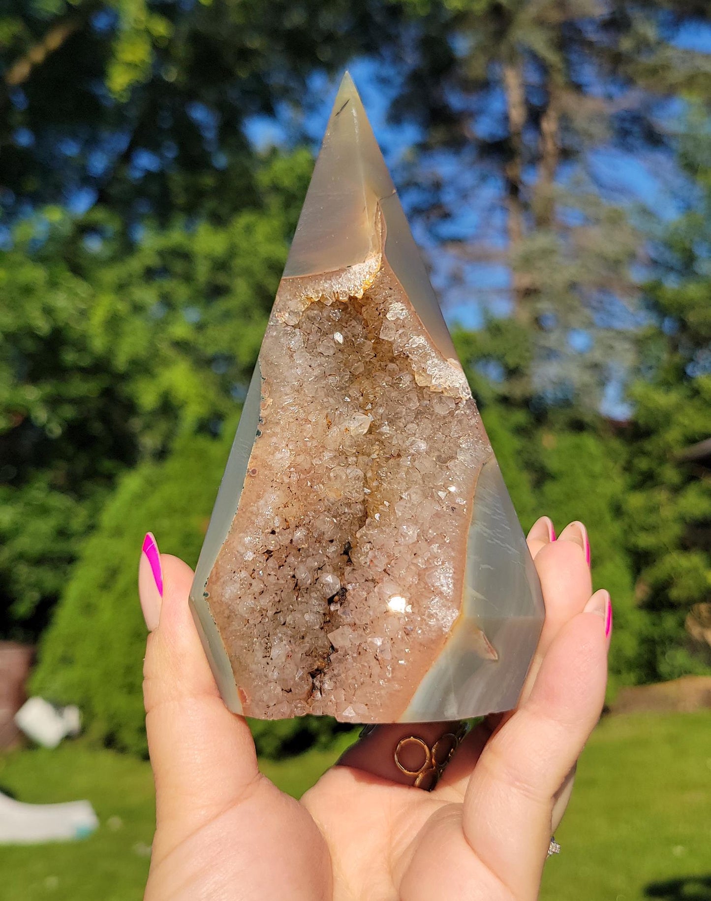 Beautiful large agate diamond with amethyst druzy and stunning agate banding from Brazil