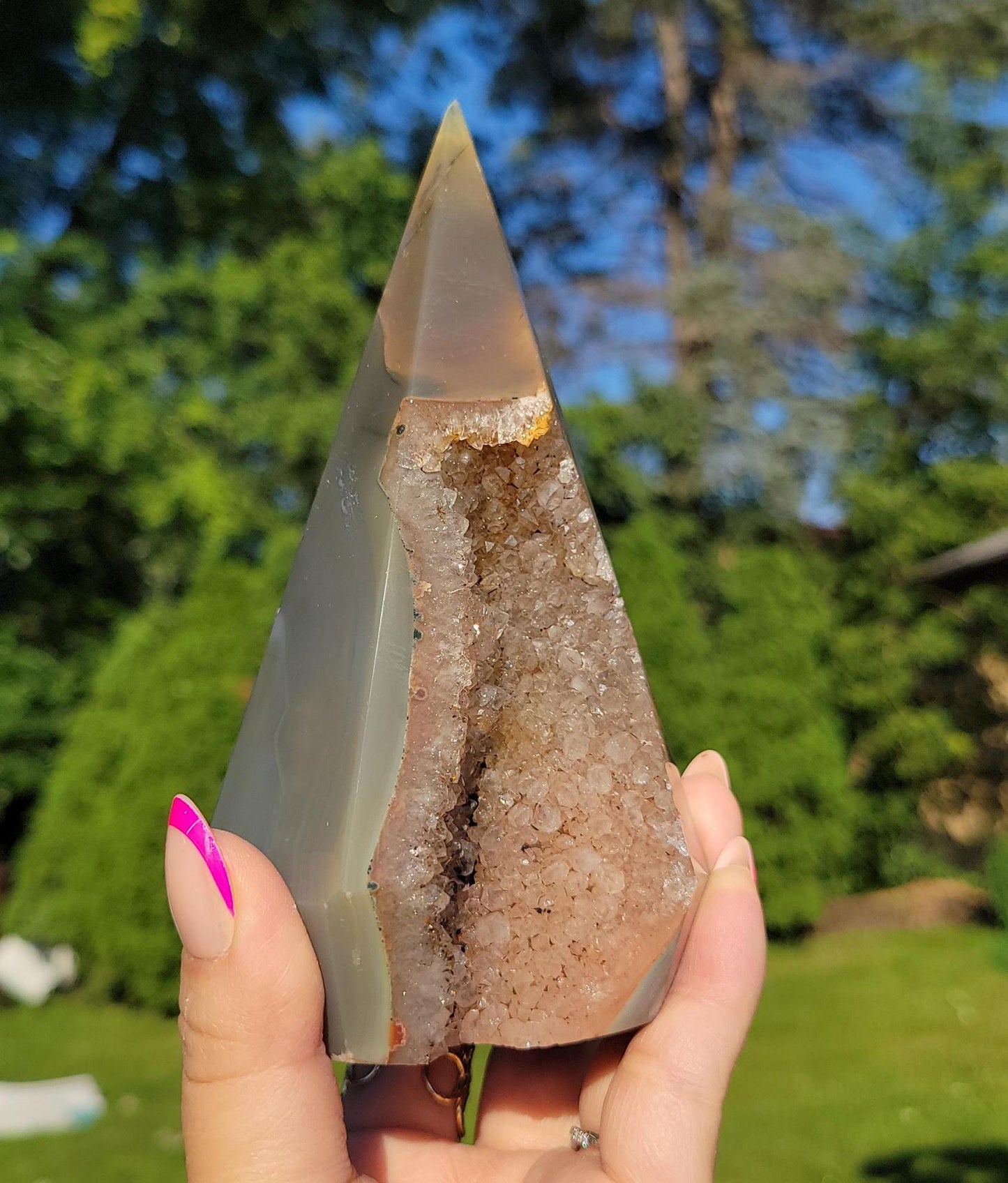 Beautiful large agate diamond with amethyst druzy and stunning agate banding from Brazil