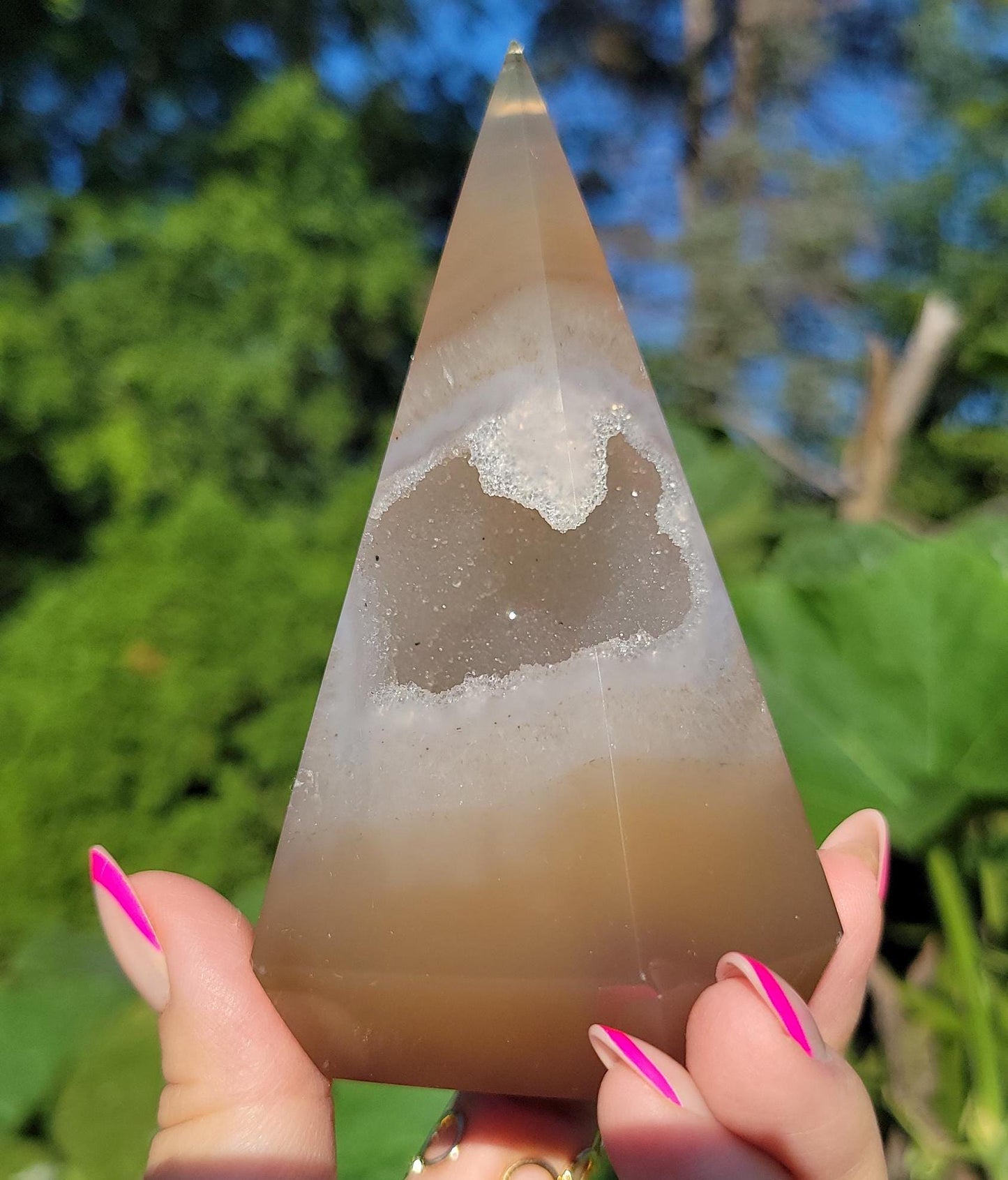 Pretty light brown agate diamond with quartz and sparkly druzy from Brazil