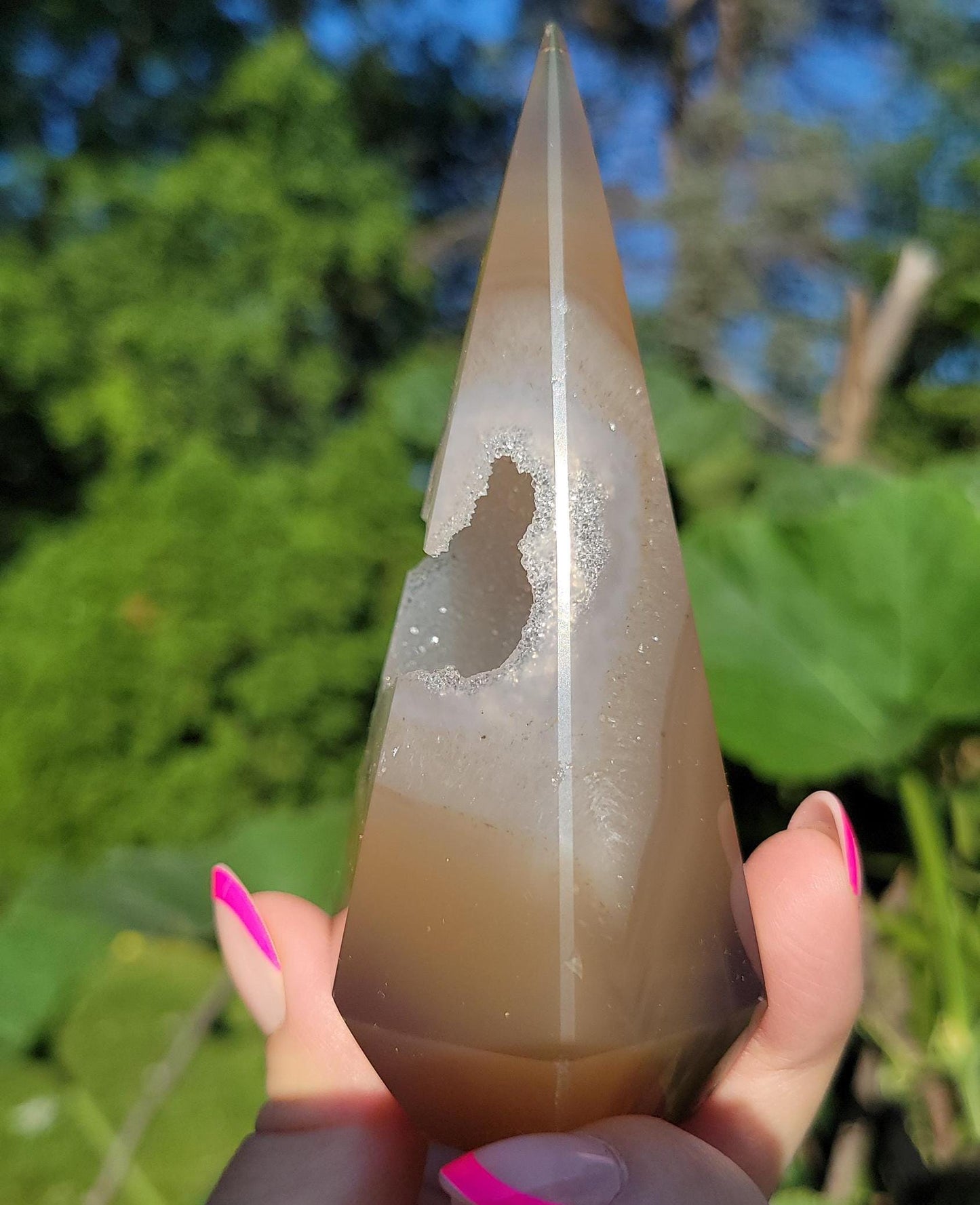 Pretty light brown agate diamond with quartz and sparkly druzy from Brazil
