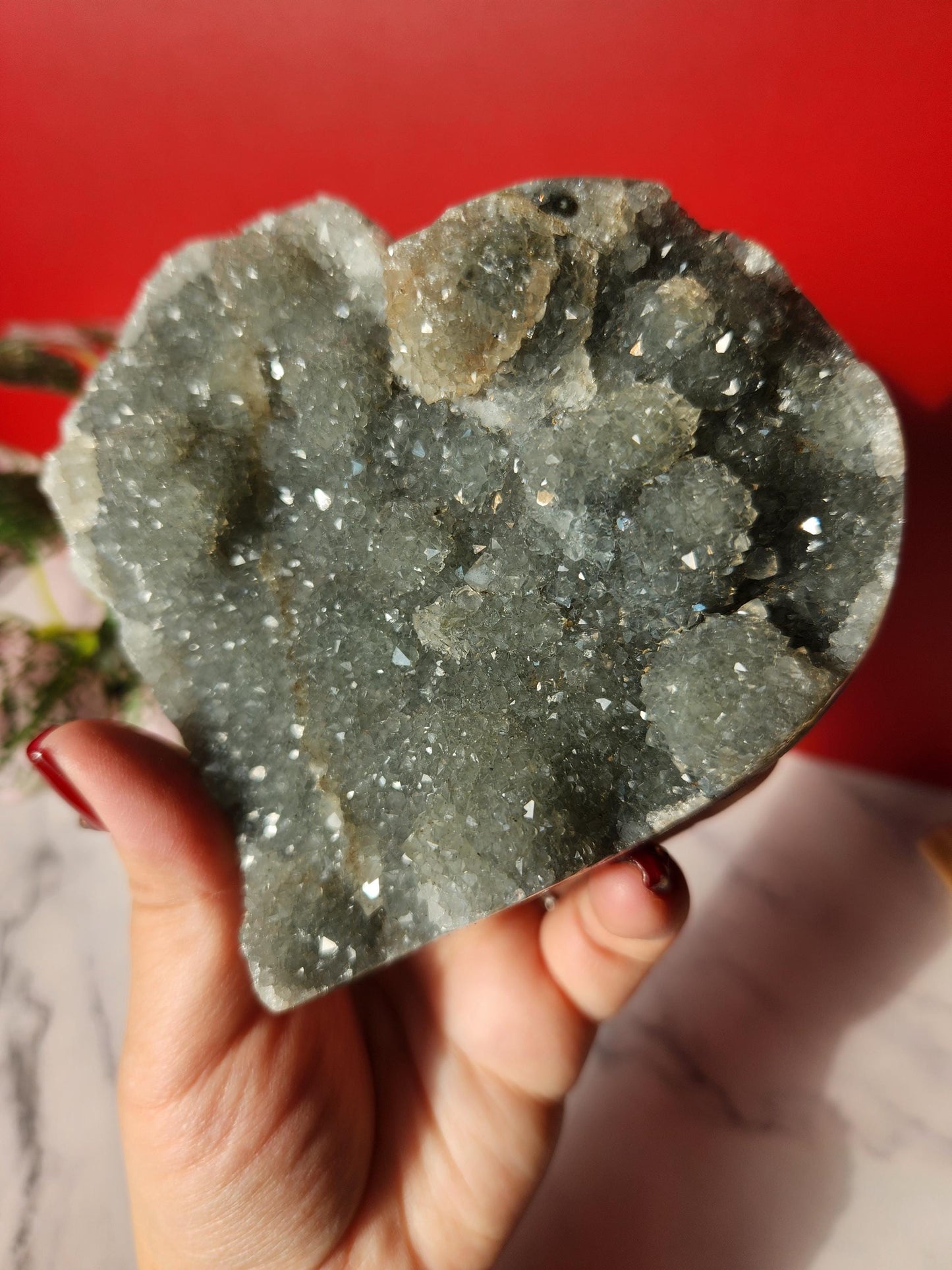High quality natural green rainbow amethyst heart with amazing rosette flower formations, stand is included 1.76lbs