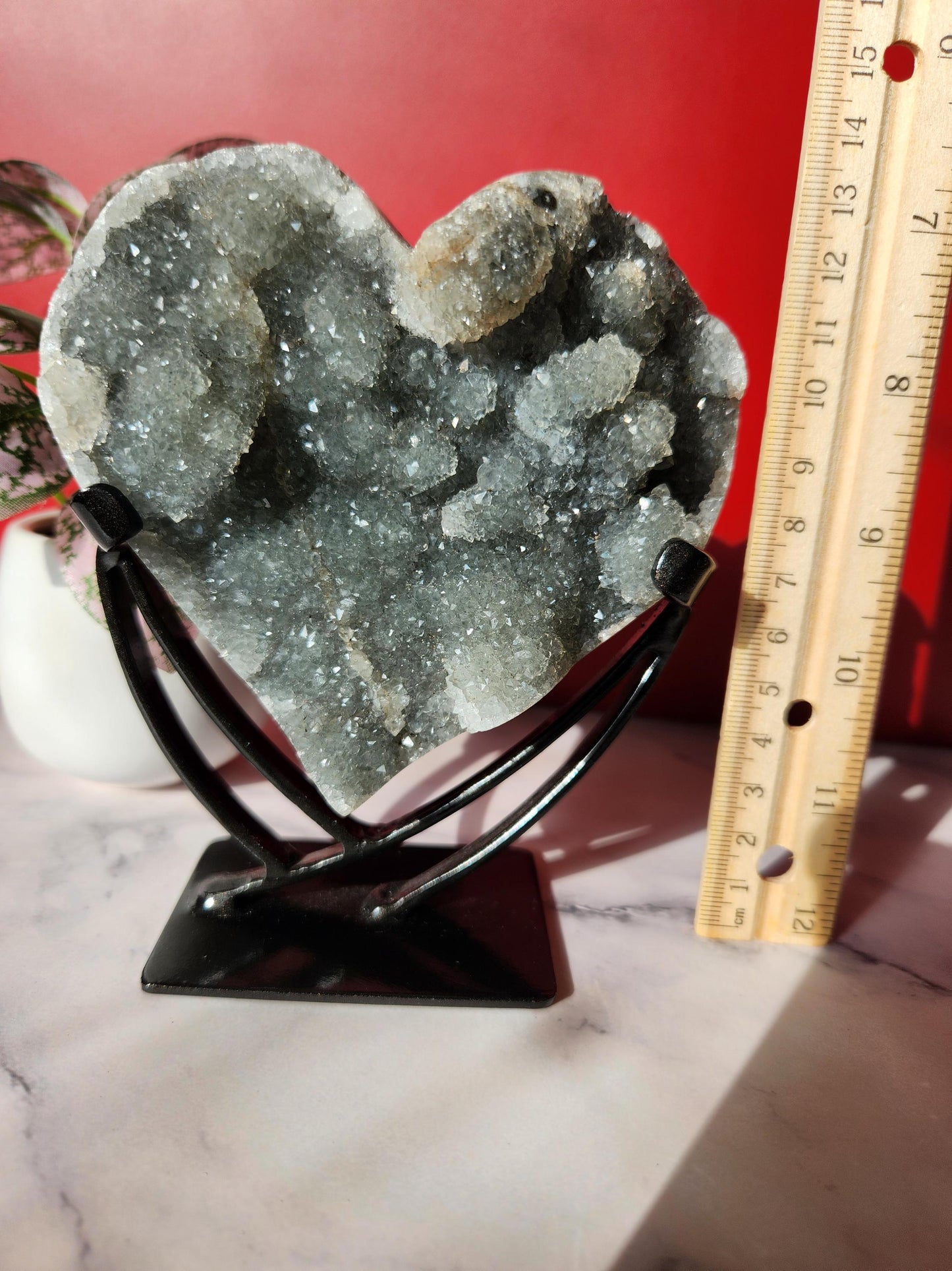 High quality natural green rainbow amethyst heart with amazing rosette flower formations, stand is included 1.76lbs