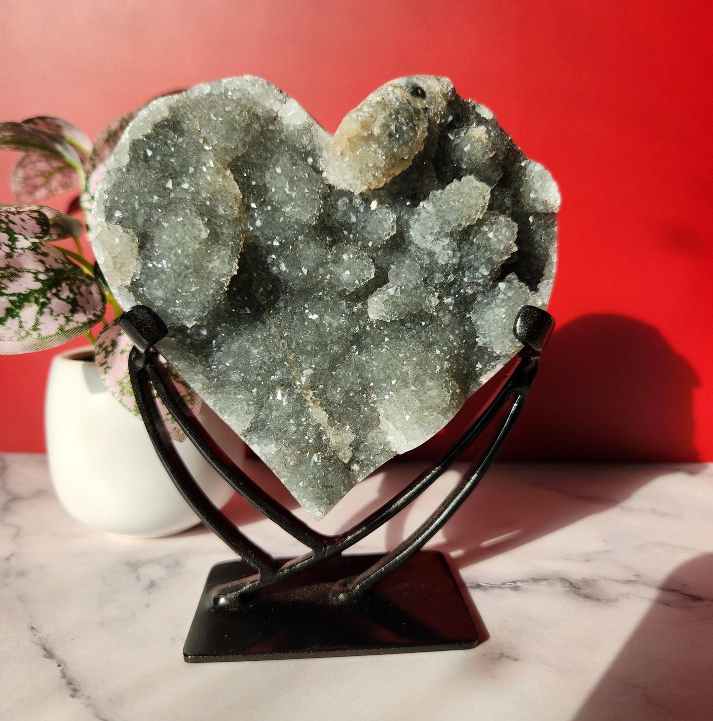 High quality natural green rainbow amethyst heart with amazing rosette flower formations, stand is included 1.76lbs