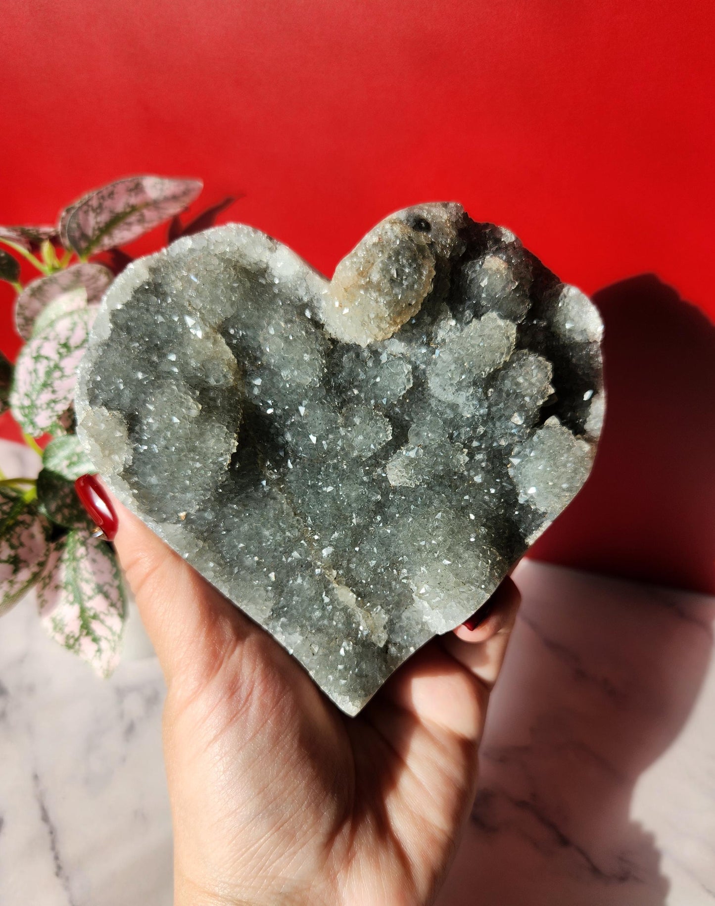 High quality natural green rainbow amethyst heart with amazing rosette flower formations, stand is included 1.76lbs
