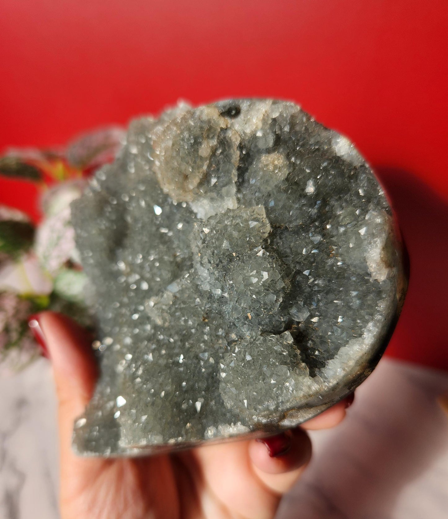 High quality natural green rainbow amethyst heart with amazing rosette flower formations, stand is included 1.76lbs