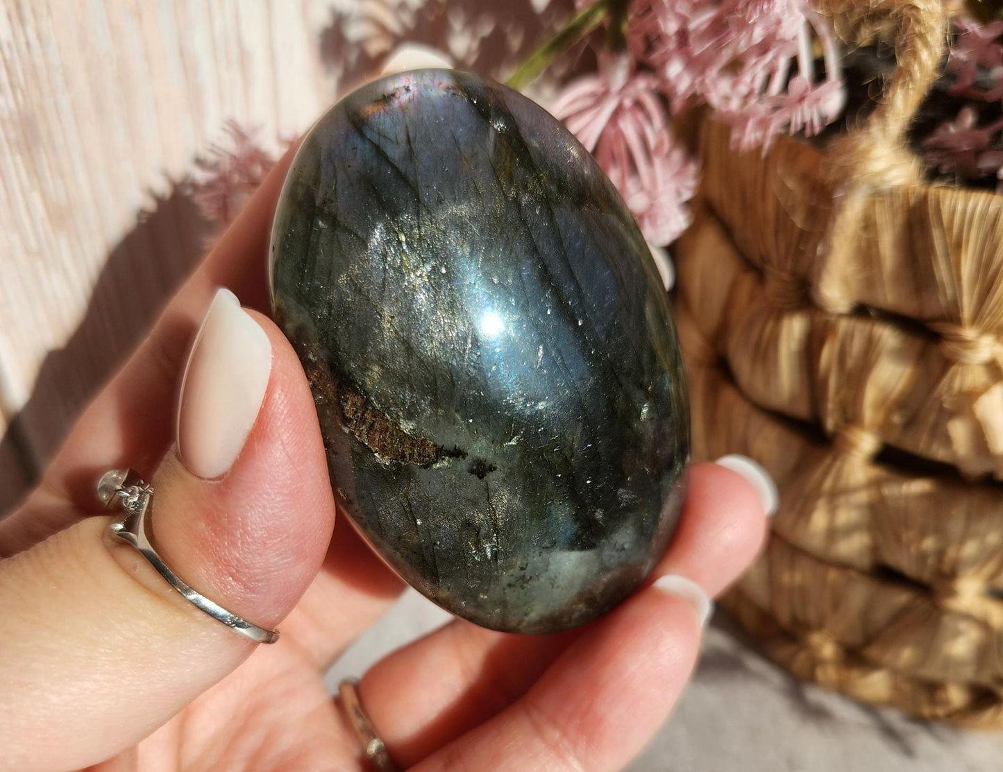 AAA duo flash labradorite, bright silver, purple and blue flash labradorite palm stone from Finland