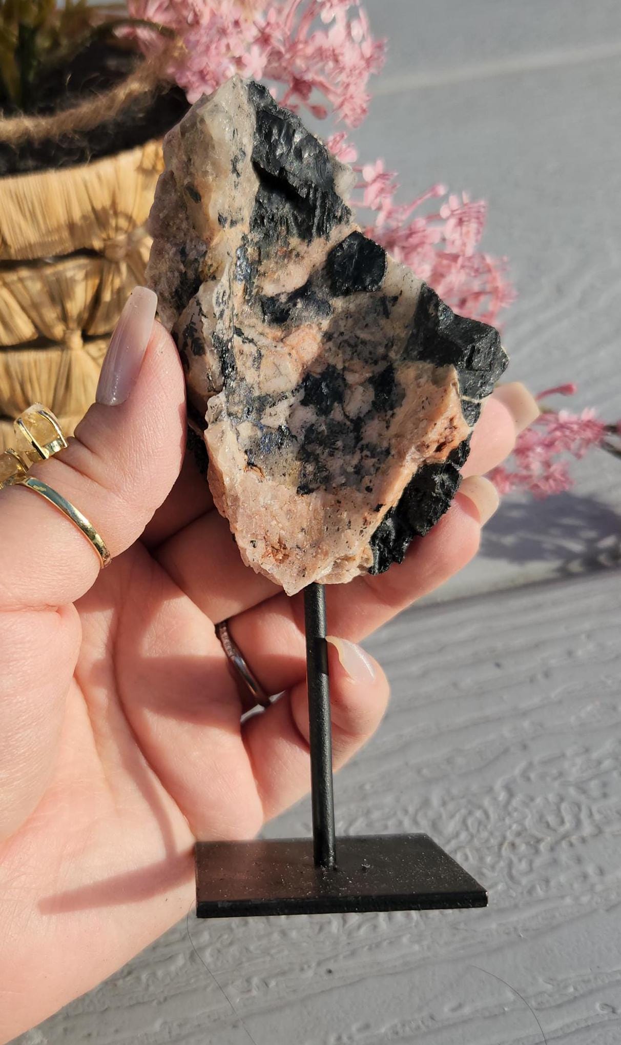 Amazing raw black tourmaline with cleavelandite and bits of quartz on stand, protection and grounding