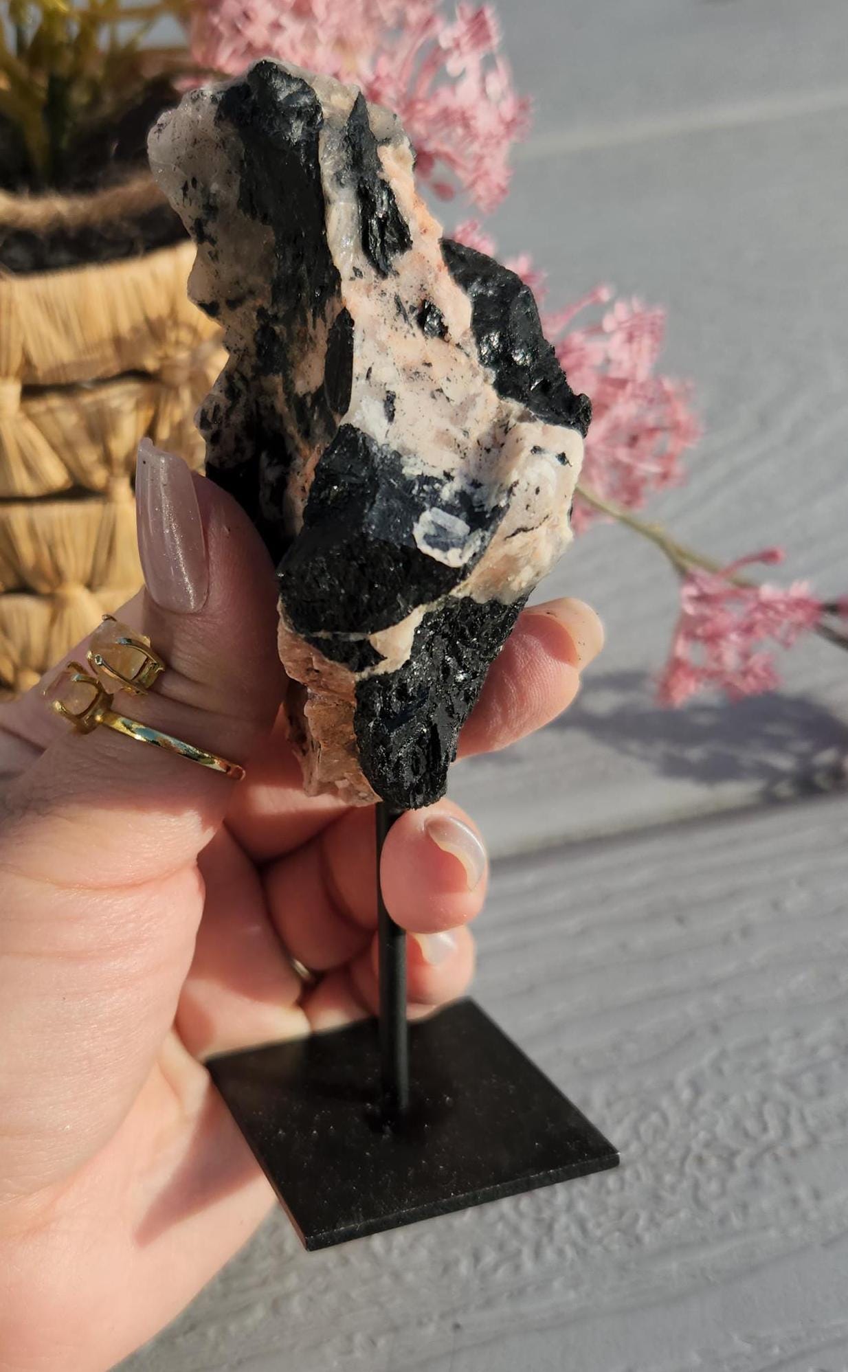 Amazing raw black tourmaline with cleavelandite and bits of quartz on stand, protection and grounding