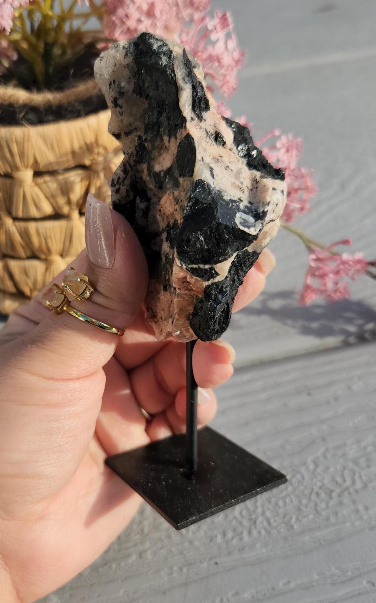 Amazing raw black tourmaline with cleavelandite and bits of quartz on stand, protection and grounding