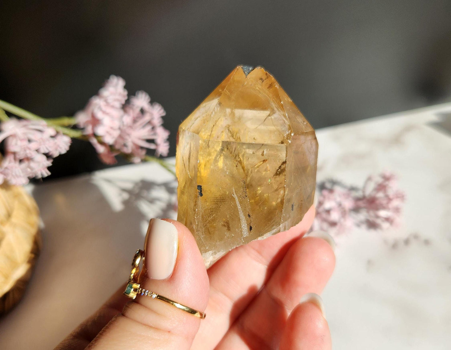 Natural kundalini citrine point from the Congo, honey citrine with rainbows, genuine, untreated and not polished