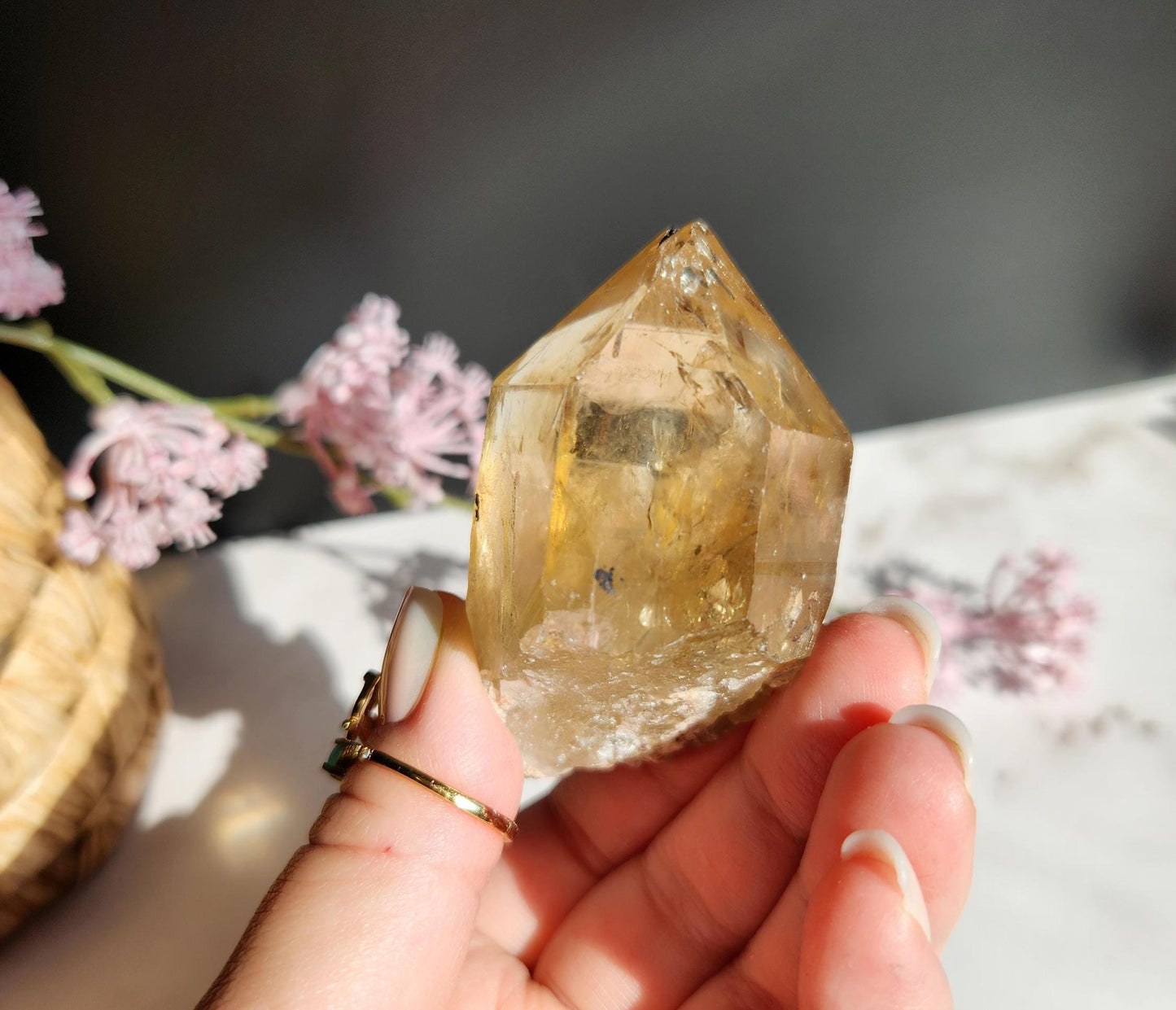 Natural kundalini citrine point from the Congo, honey citrine with rainbows, genuine, untreated and not polished
