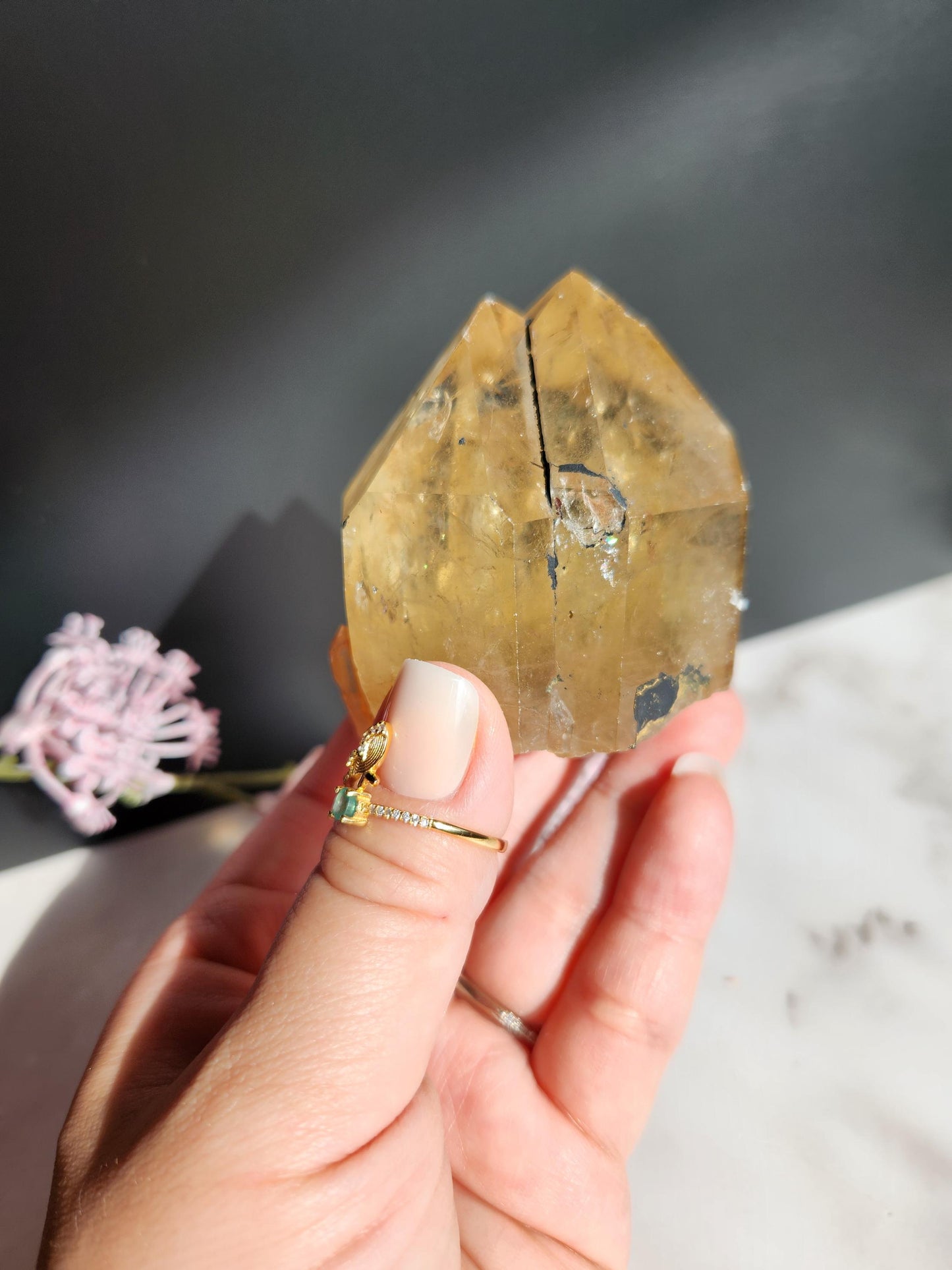 Beautiful natural kundalini citrine double point from the Congo, honey citrine with rainbows, genuine, untreated and not polished