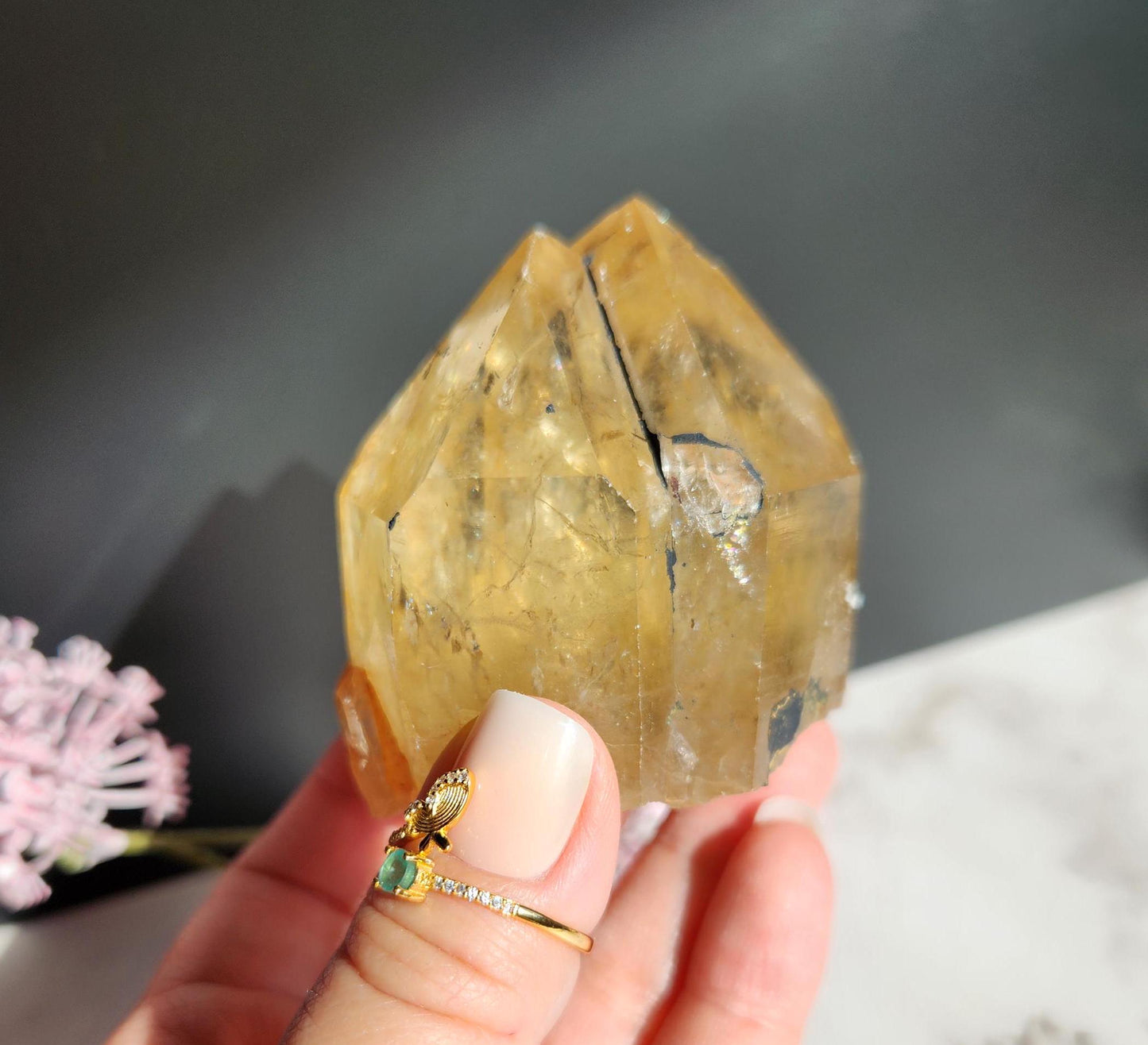 Beautiful natural kundalini citrine double point from the Congo, honey citrine with rainbows, genuine, untreated and not polished