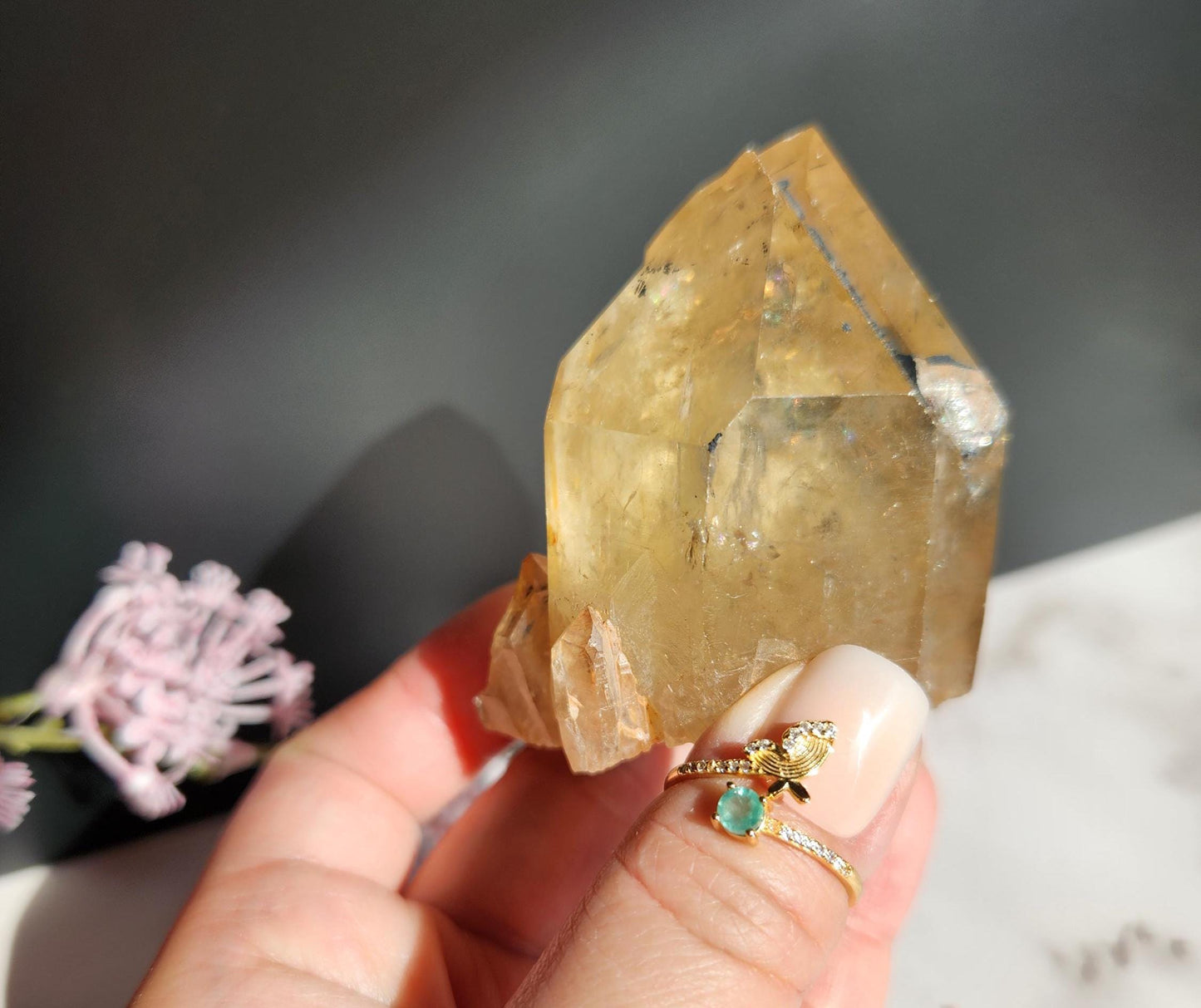 Beautiful natural kundalini citrine double point from the Congo, honey citrine with rainbows, genuine, untreated and not polished