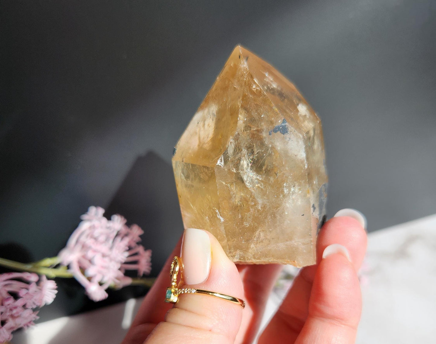 Beautiful natural kundalini citrine double point from the Congo, honey citrine with rainbows, genuine, untreated and not polished