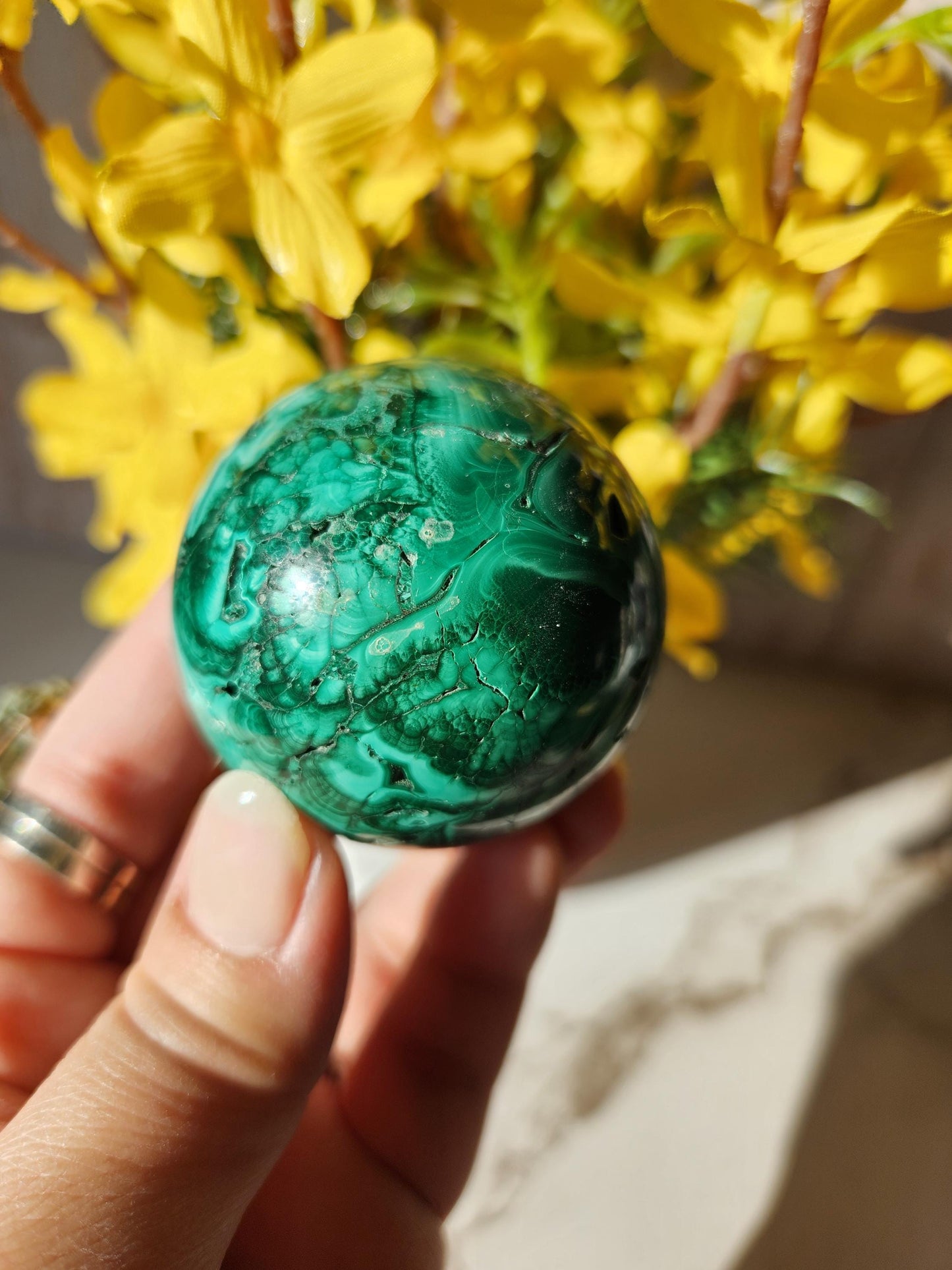 Beautiful natural malachite sphere with druzy and stunning orbs and flower patterns, no fillers 49mm