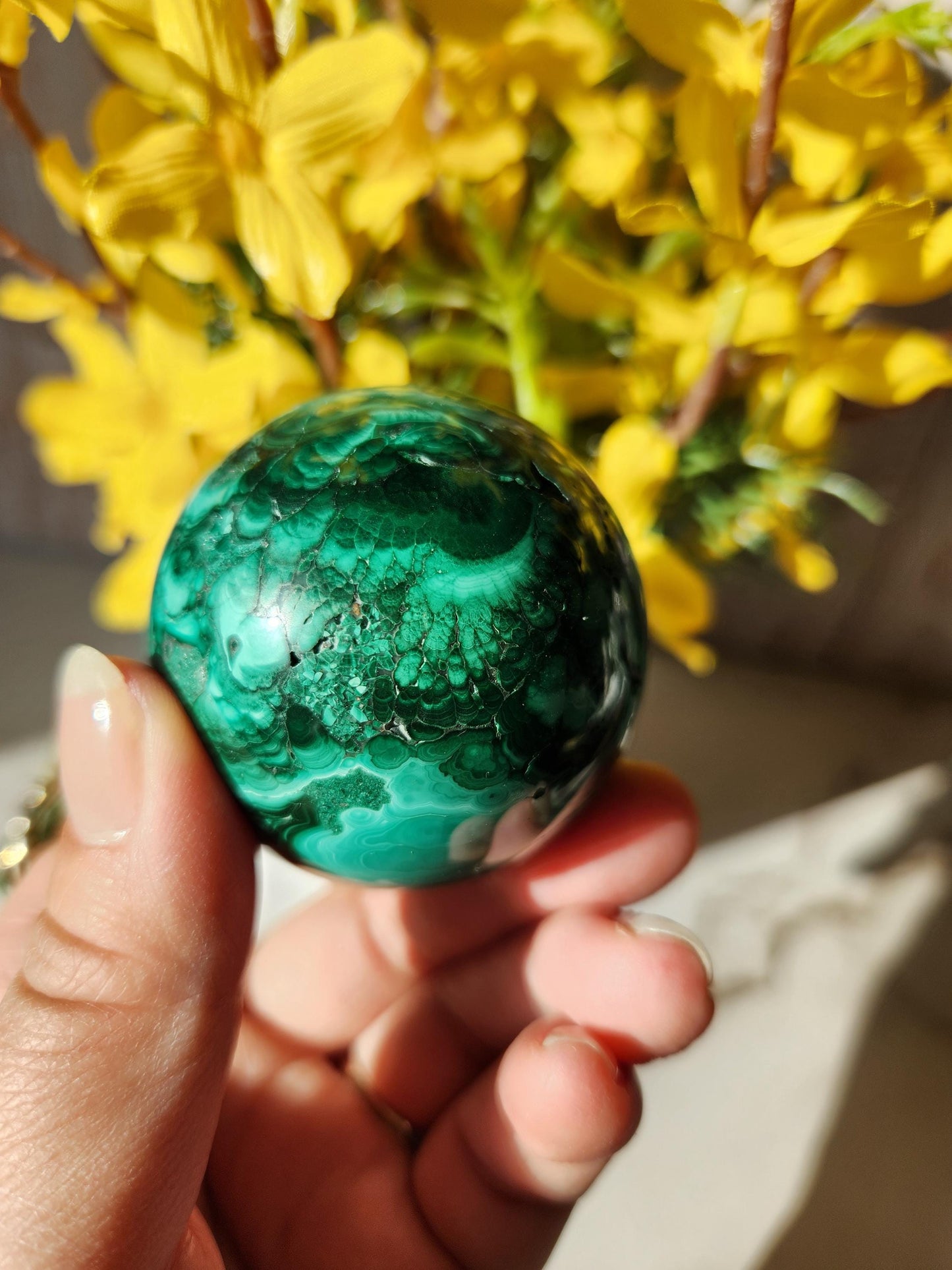 Beautiful natural malachite sphere with druzy and stunning orbs and flower patterns, no fillers 49mm